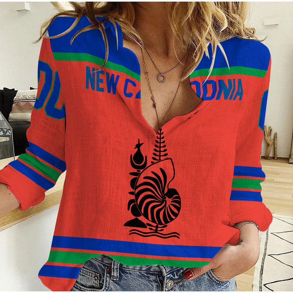 New Caledonia Women Casual Shirt Flag & Coat Of Arms Hockey Style