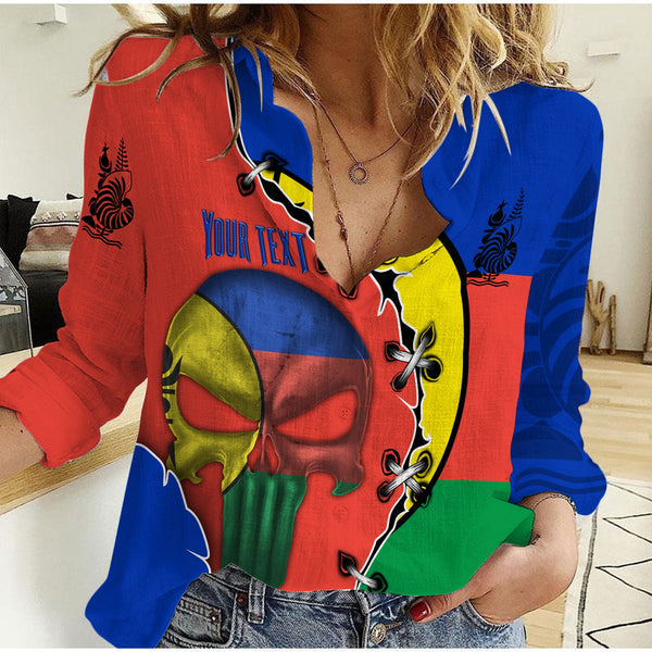 New Caledonia Women Casual Shirt Flag & Coat Of Arms Skull Style