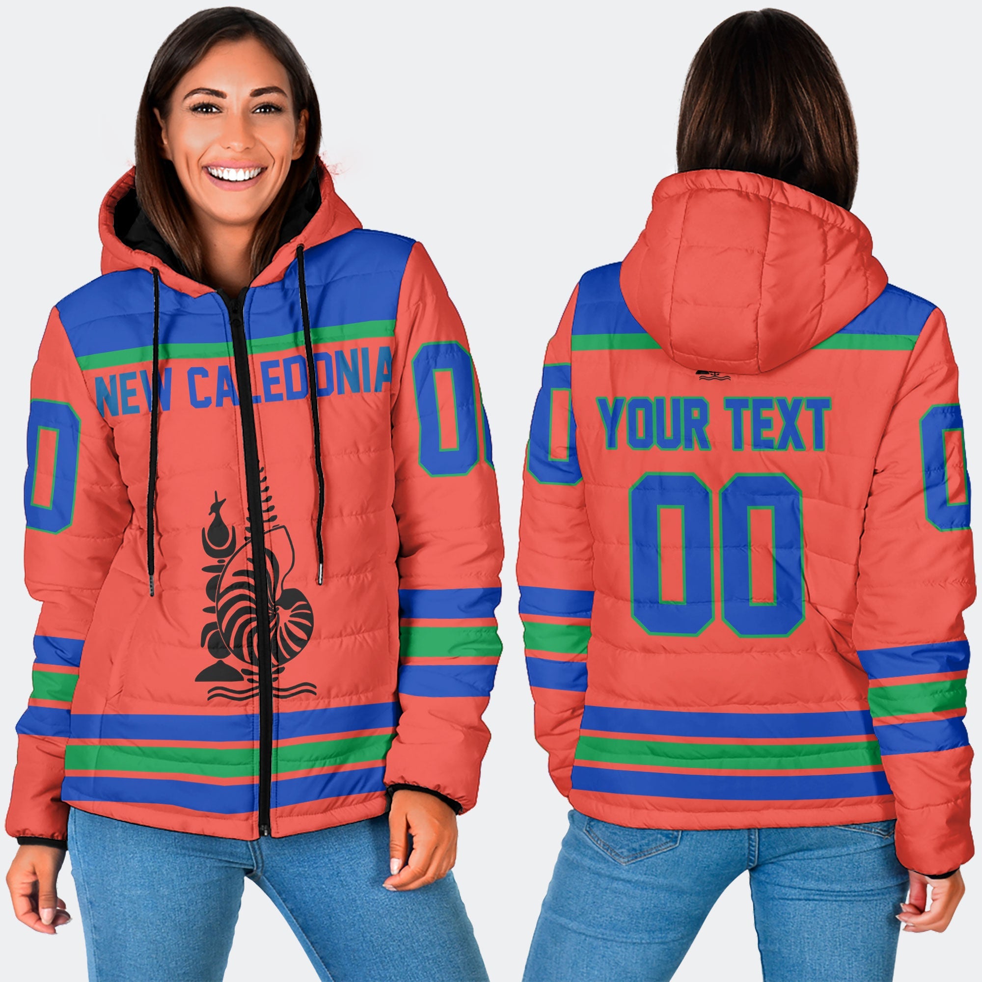 New Caledonia Women Hooded Padded Jacket Flag & Coat Of Arms Hockey Style