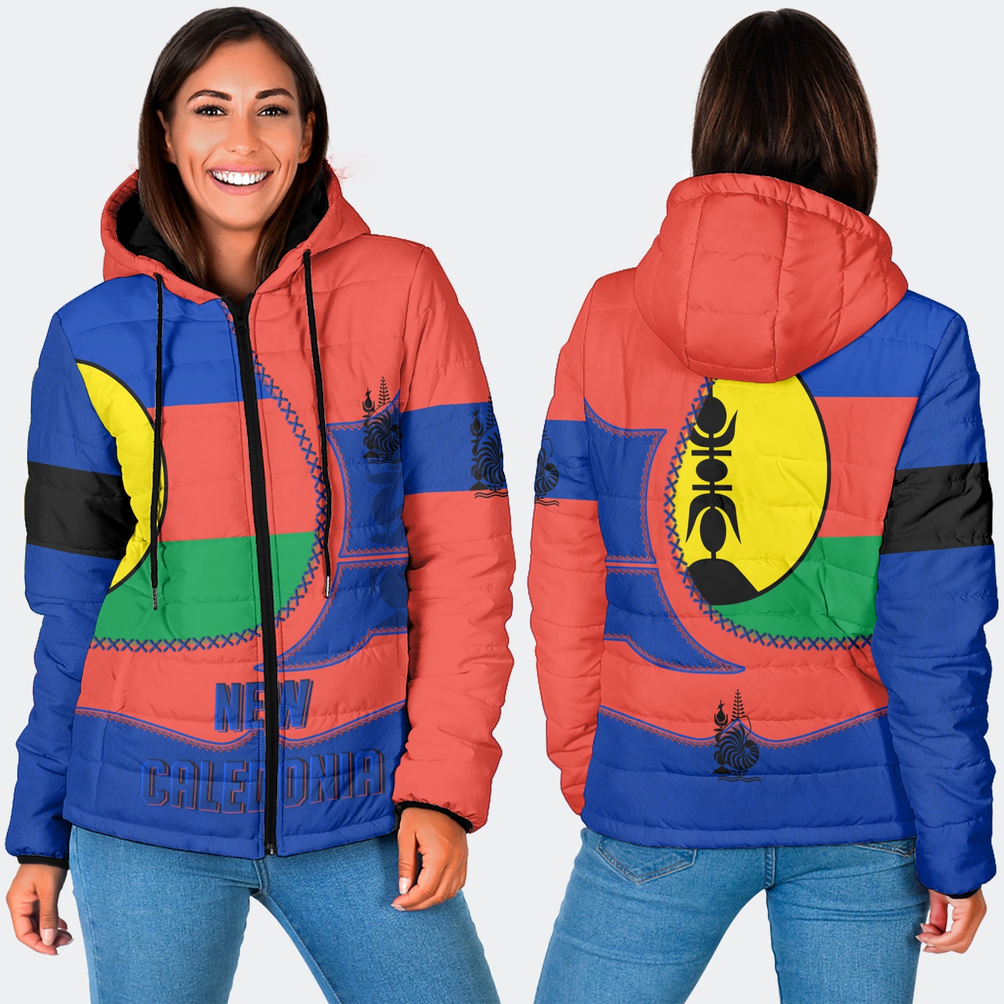 New Caledonia Women Hooded Padded Jacket Flag & Coat Of Arms Leather Style