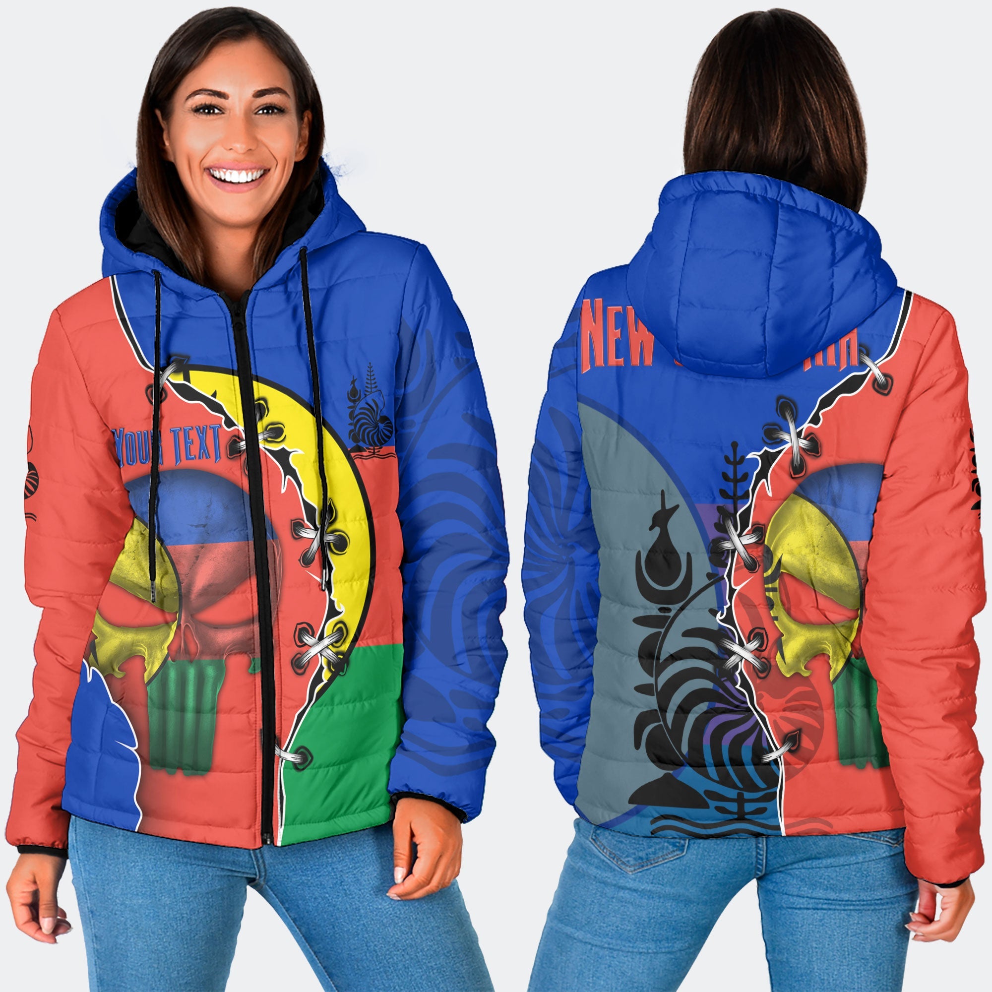 New Caledonia Women Hooded Padded Jacket Flag & Coat Of Arms Skull Style