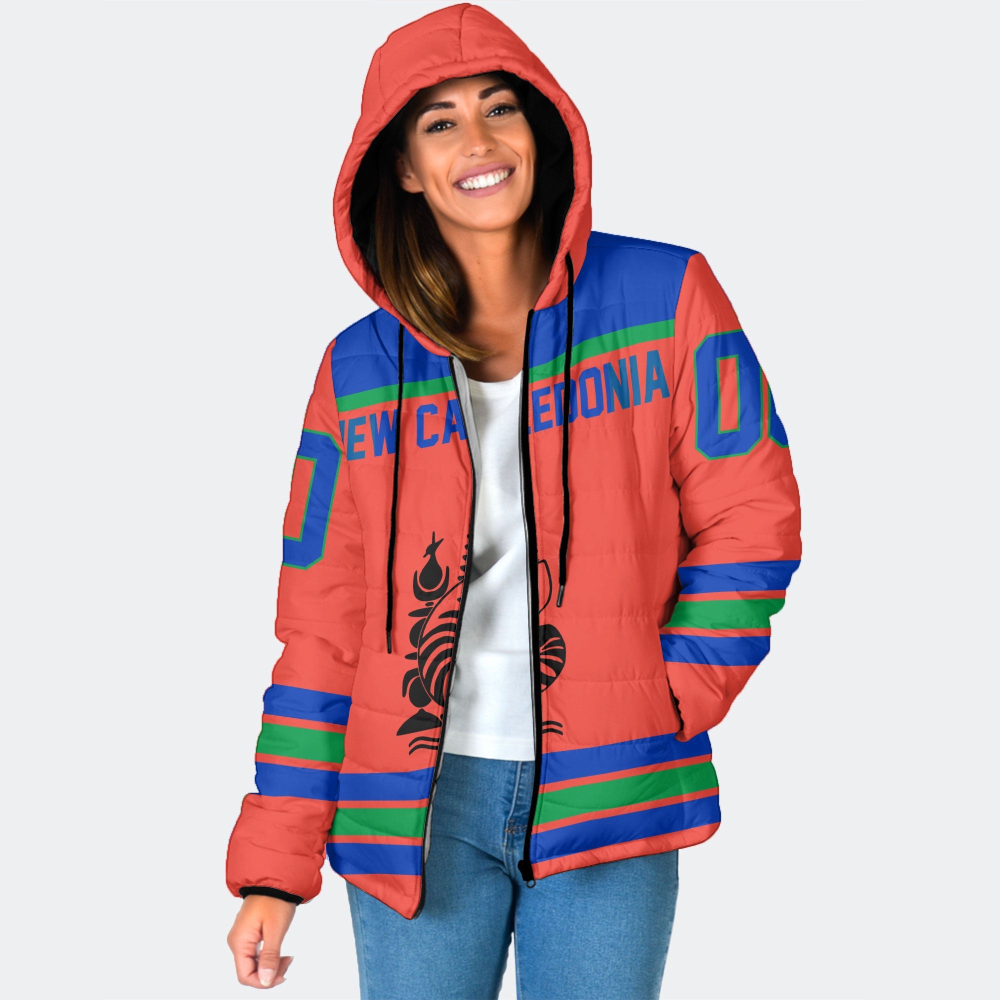 New Caledonia Women Hooded Padded Jacket Flag & Coat Of Arms Hockey Style