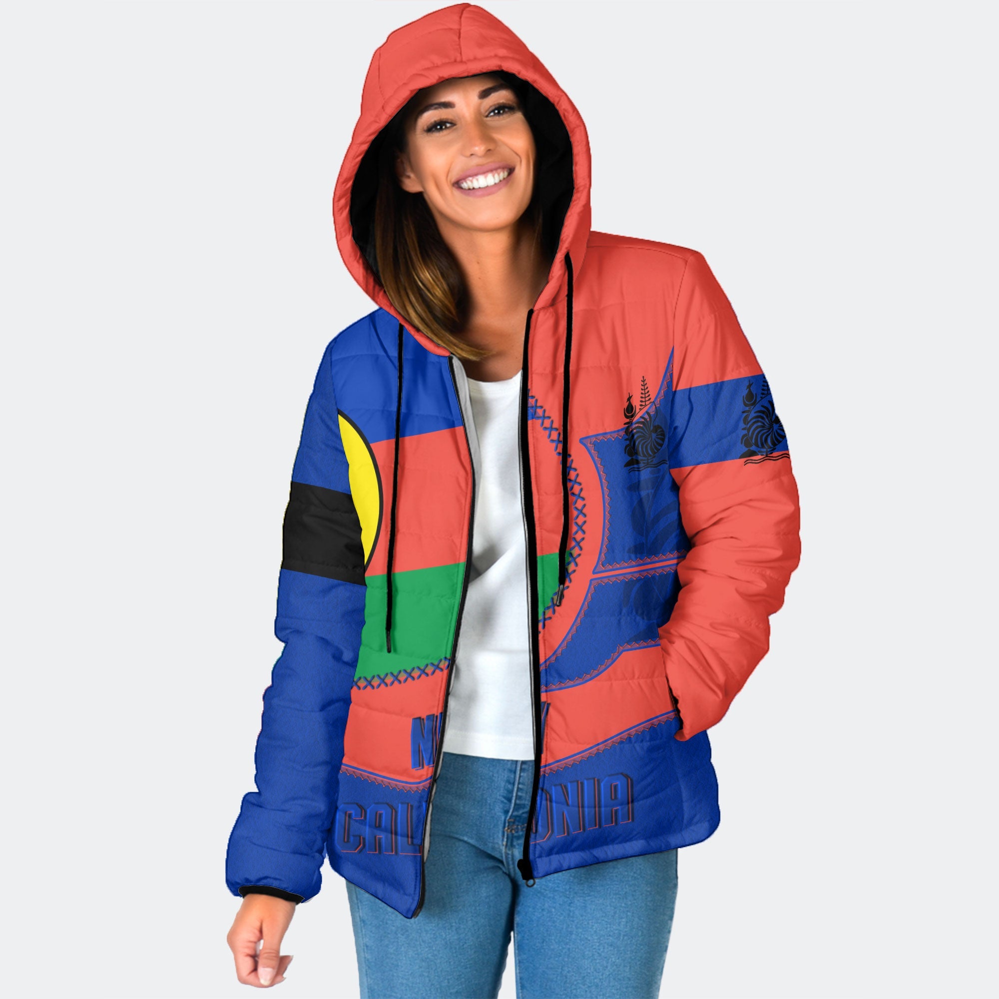 New Caledonia Women Hooded Padded Jacket Flag & Coat Of Arms Leather Style