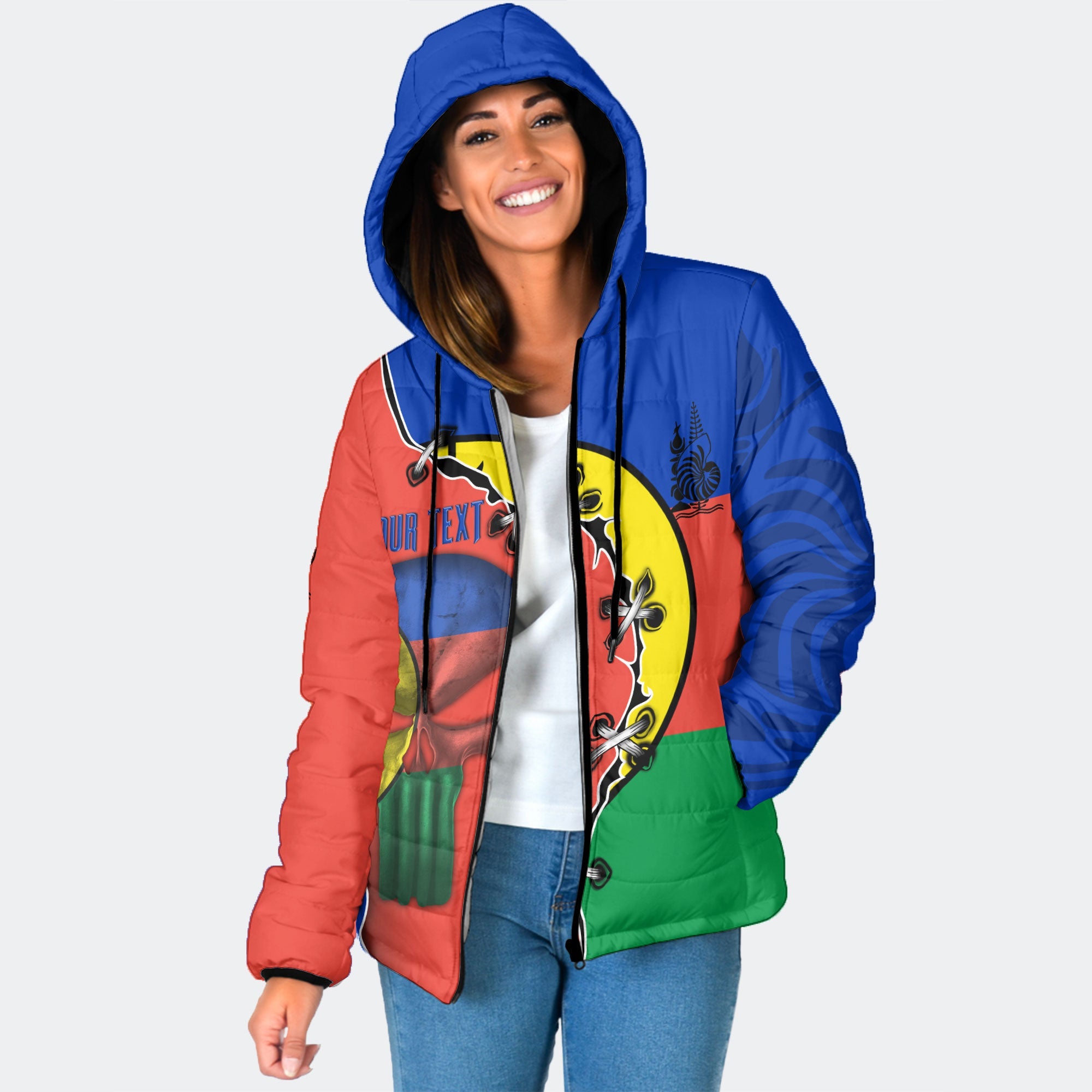 New Caledonia Women Hooded Padded Jacket Flag & Coat Of Arms Skull Style