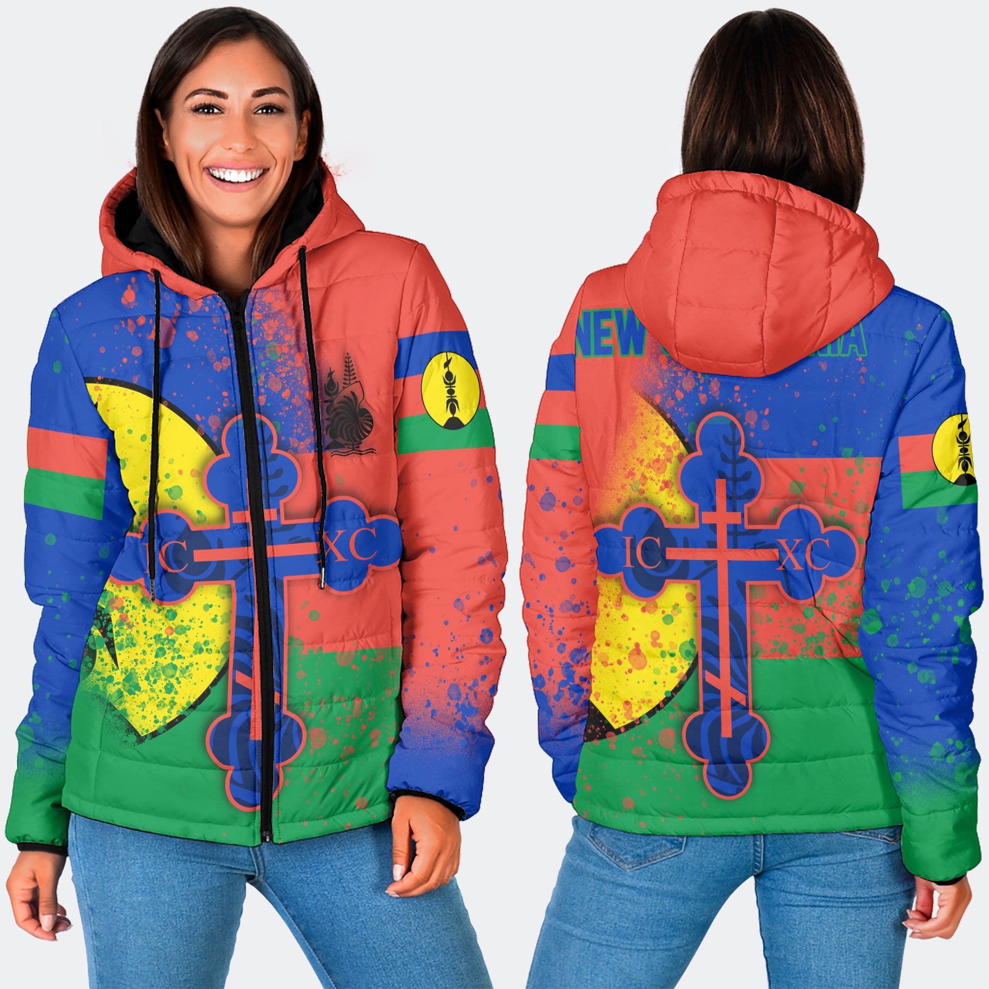 New Caledonia Women Hooded Padded Jacket Flag & Coat Of Arms Orthodox Style