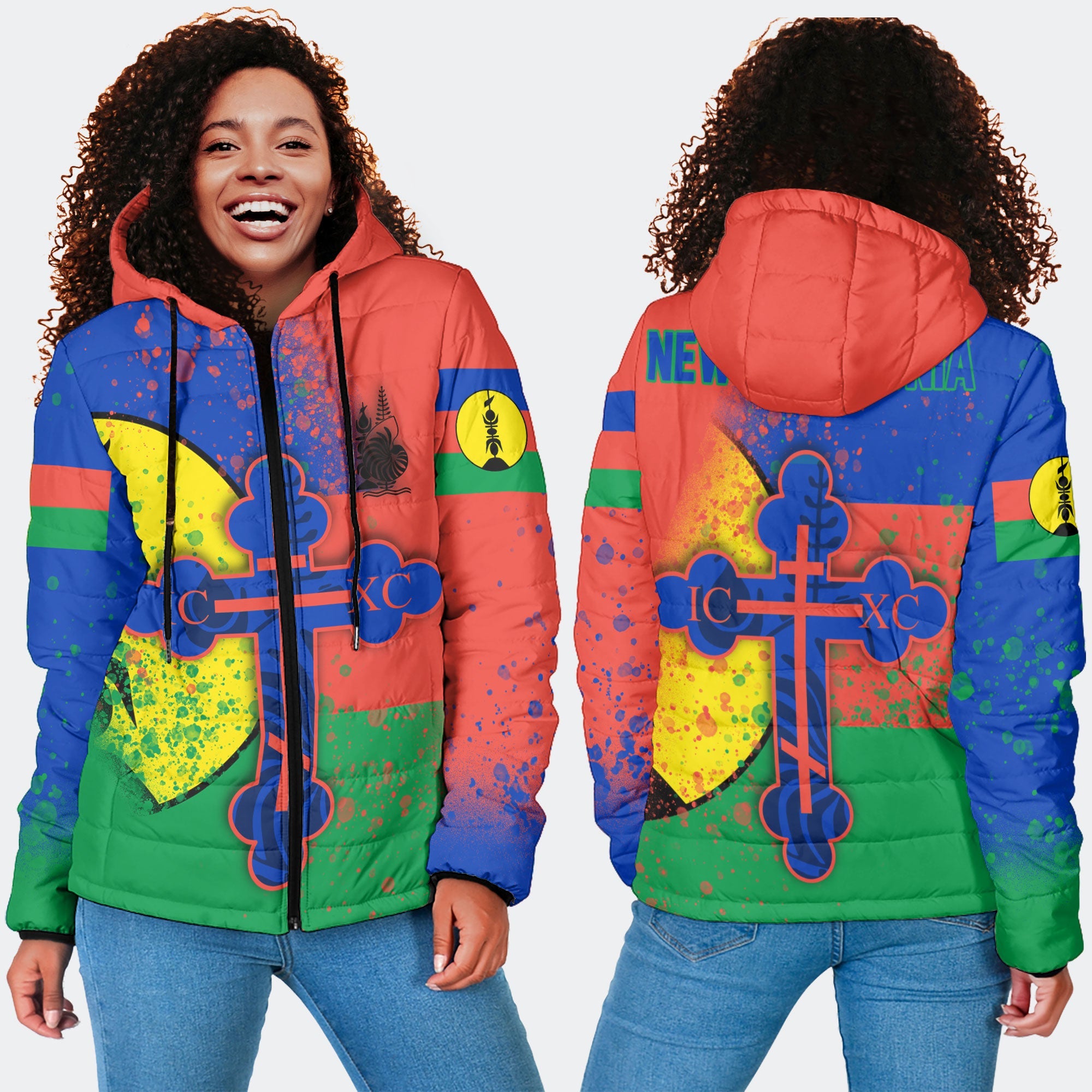 New Caledonia Women Hooded Padded Jacket Flag & Coat Of Arms Orthodox Style