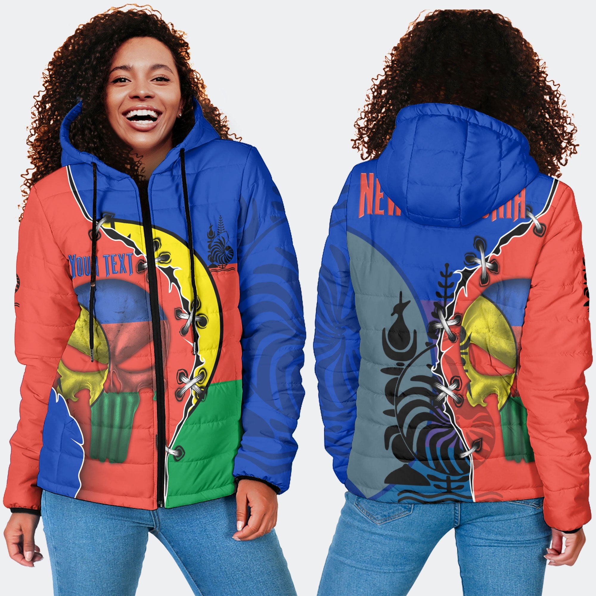 New Caledonia Women Hooded Padded Jacket Flag & Coat Of Arms Skull Style