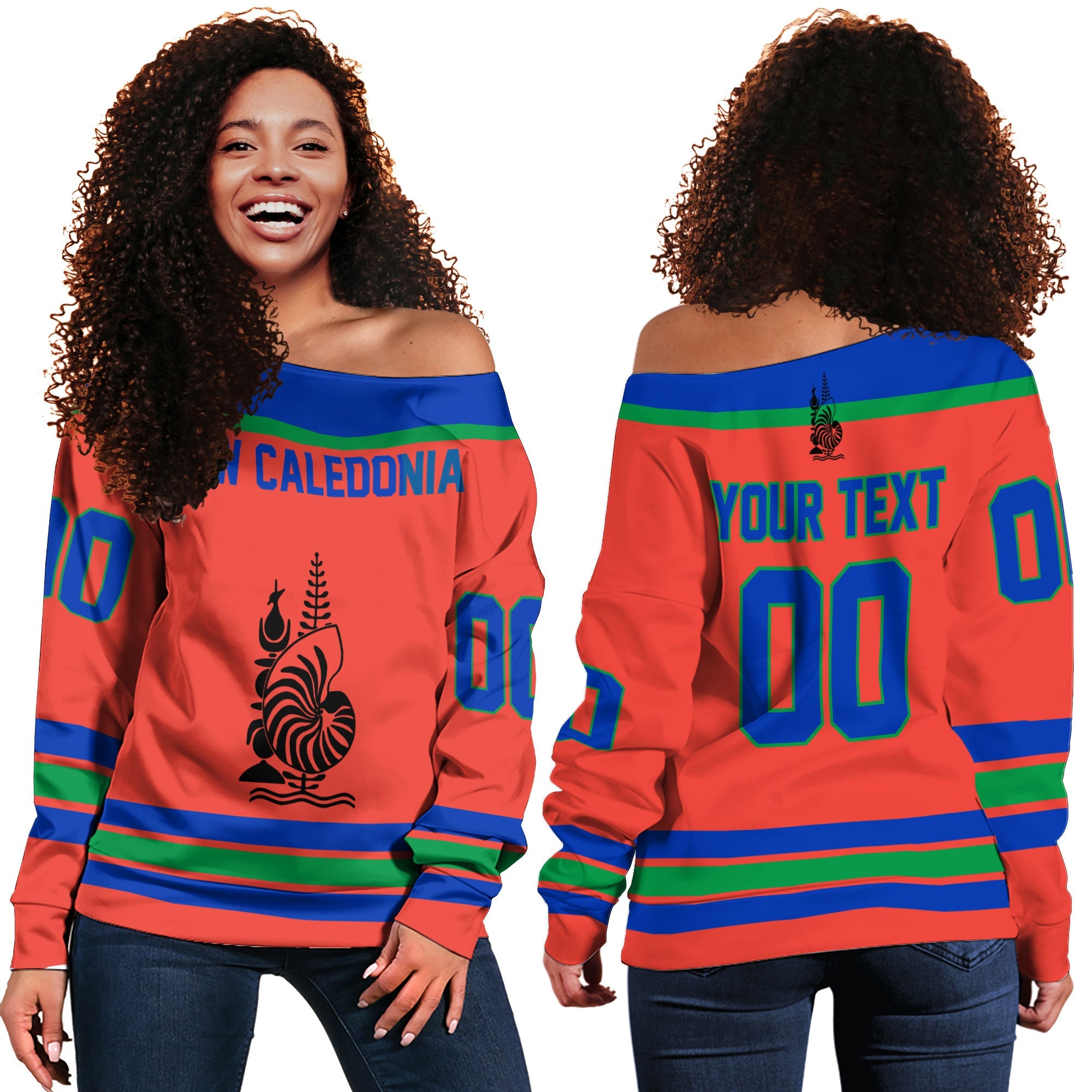 New Caledonia Women Off Shoulder Sweatshirt Flag & Coat Of Arms Hockey Style