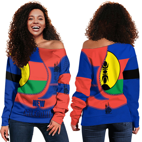 New Caledonia Women Off Shoulder Sweatshirt Flag & Coat Of Arms Leather Style