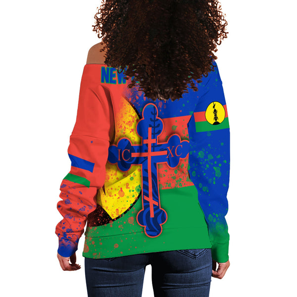 New Caledonia Women Off Shoulder Sweatshirt Flag & Coat Of Arms Orthodox Style