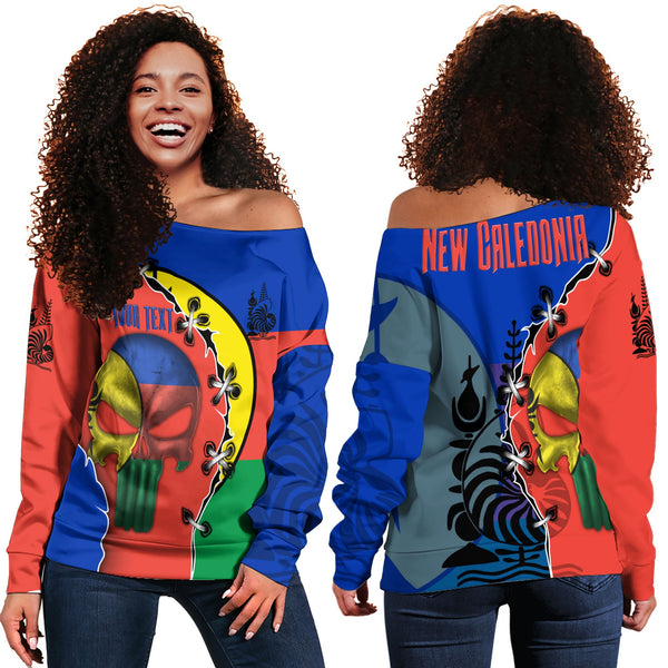 New Caledonia Women Off Shoulder Sweatshirt Flag & Coat Of Arms Skull Style