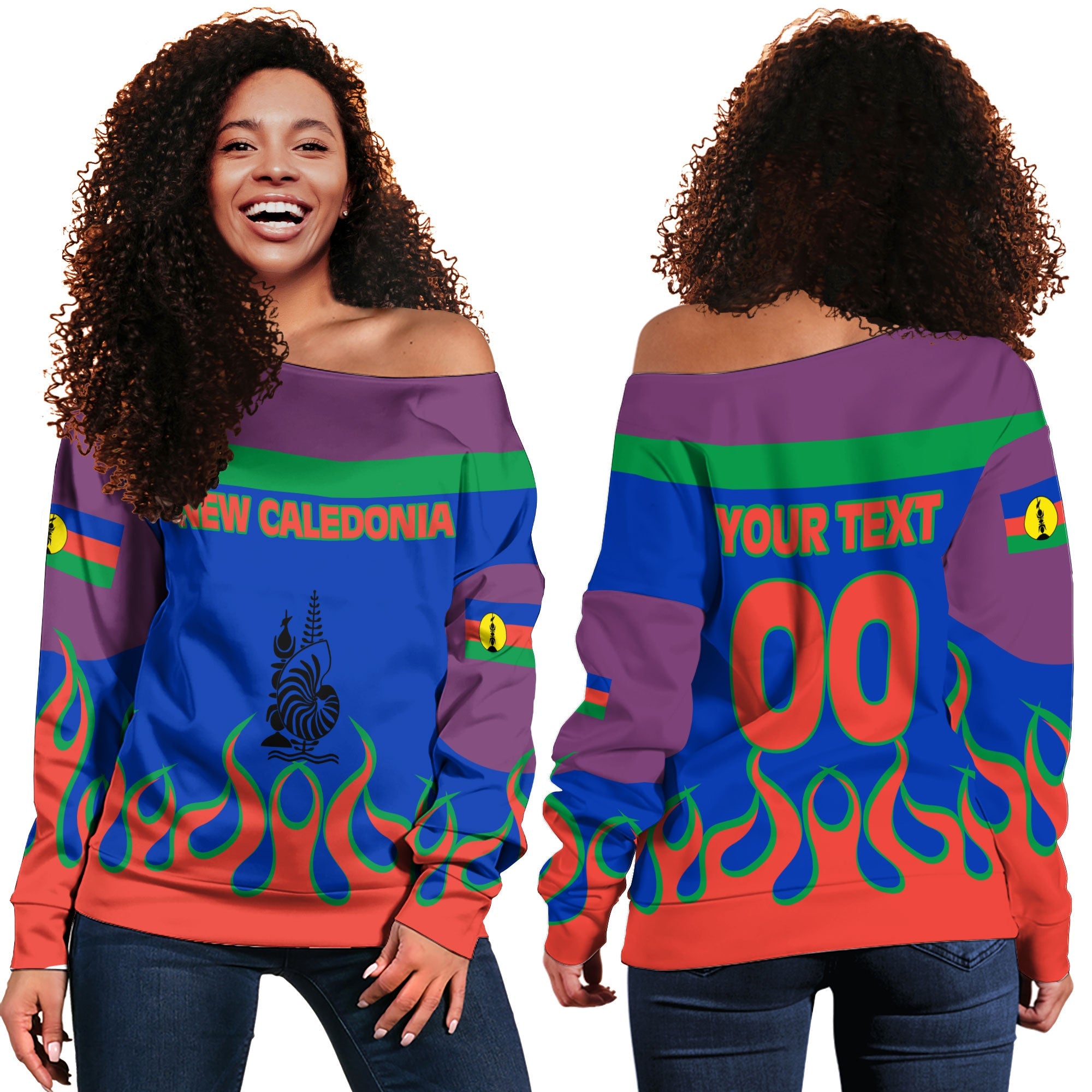 New Caledonia Women Off Shoulder Sweatshirt Flag & Coat Of Arms Fire Hockey Style