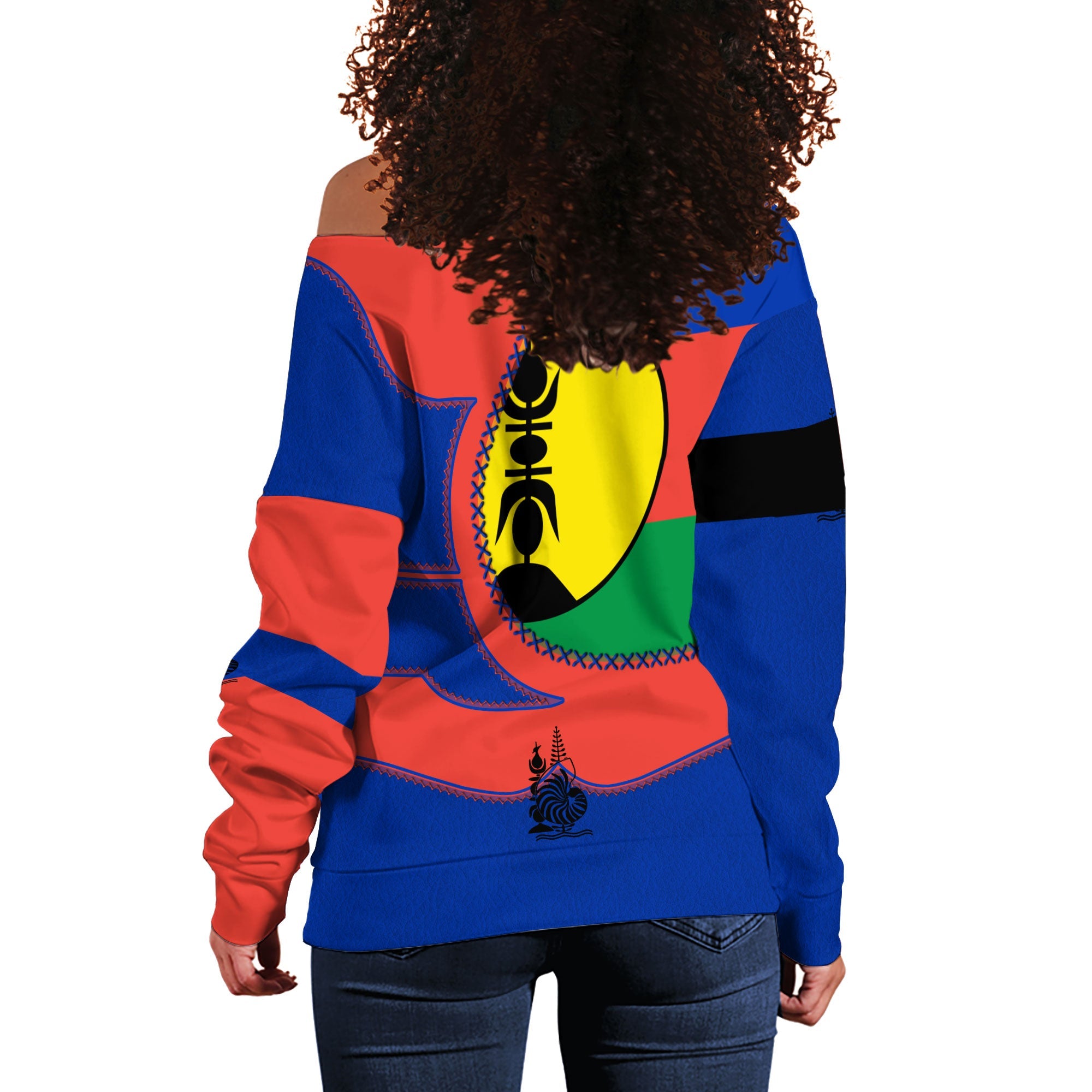 New Caledonia Women Off Shoulder Sweatshirt Flag & Coat Of Arms Leather Style