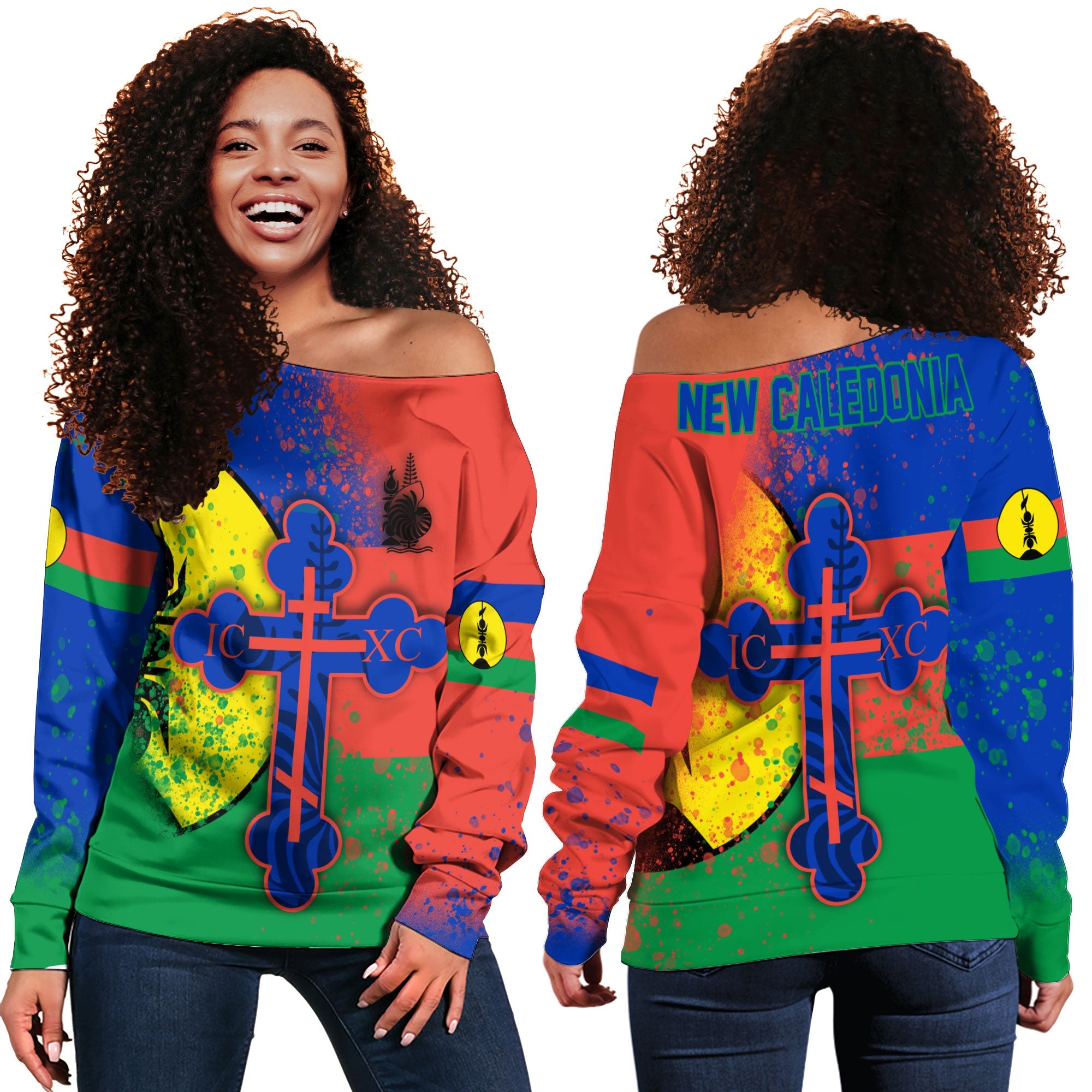 New Caledonia Women Off Shoulder Sweatshirt Flag & Coat Of Arms Orthodox Style