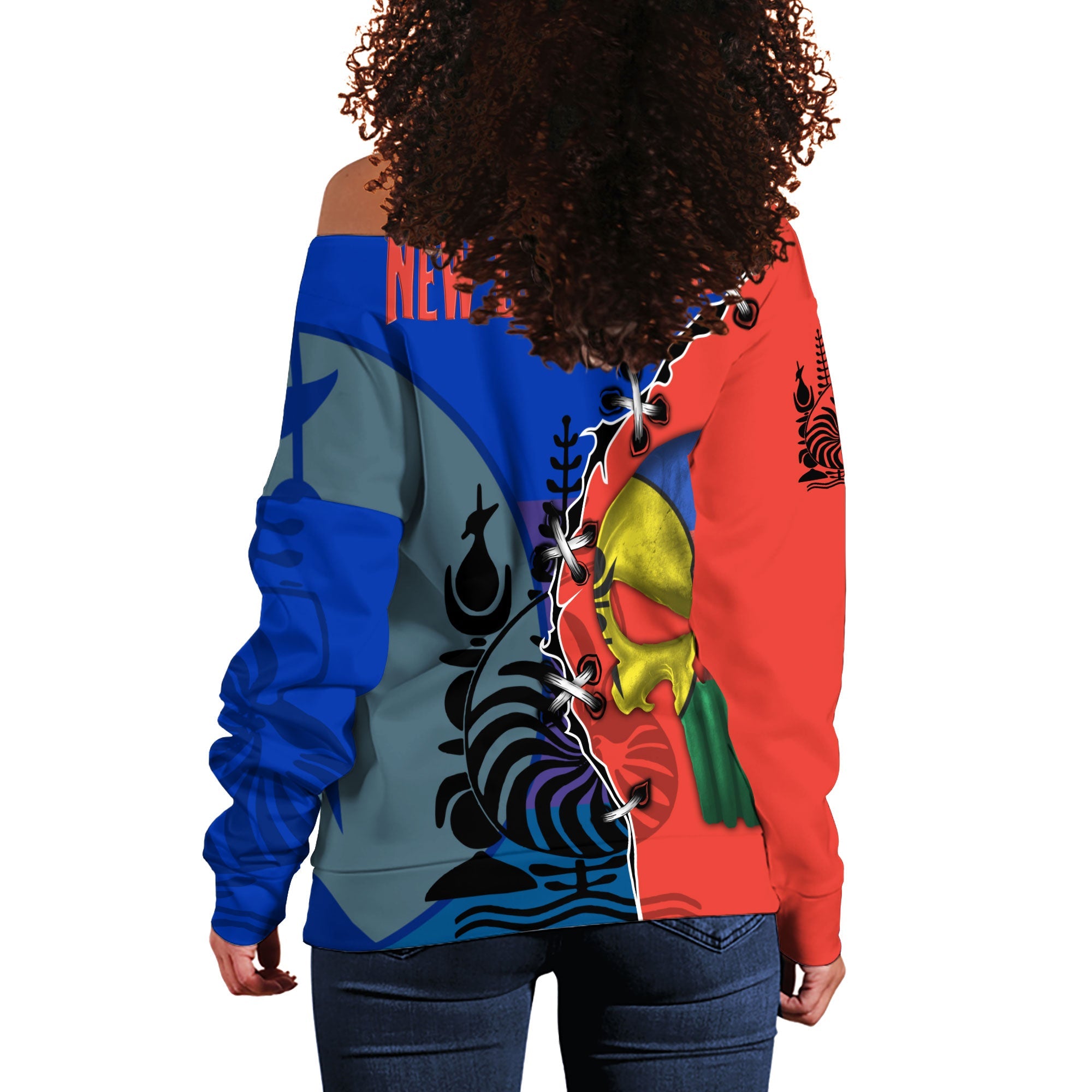 New Caledonia Women Off Shoulder Sweatshirt Flag & Coat Of Arms Skull Style