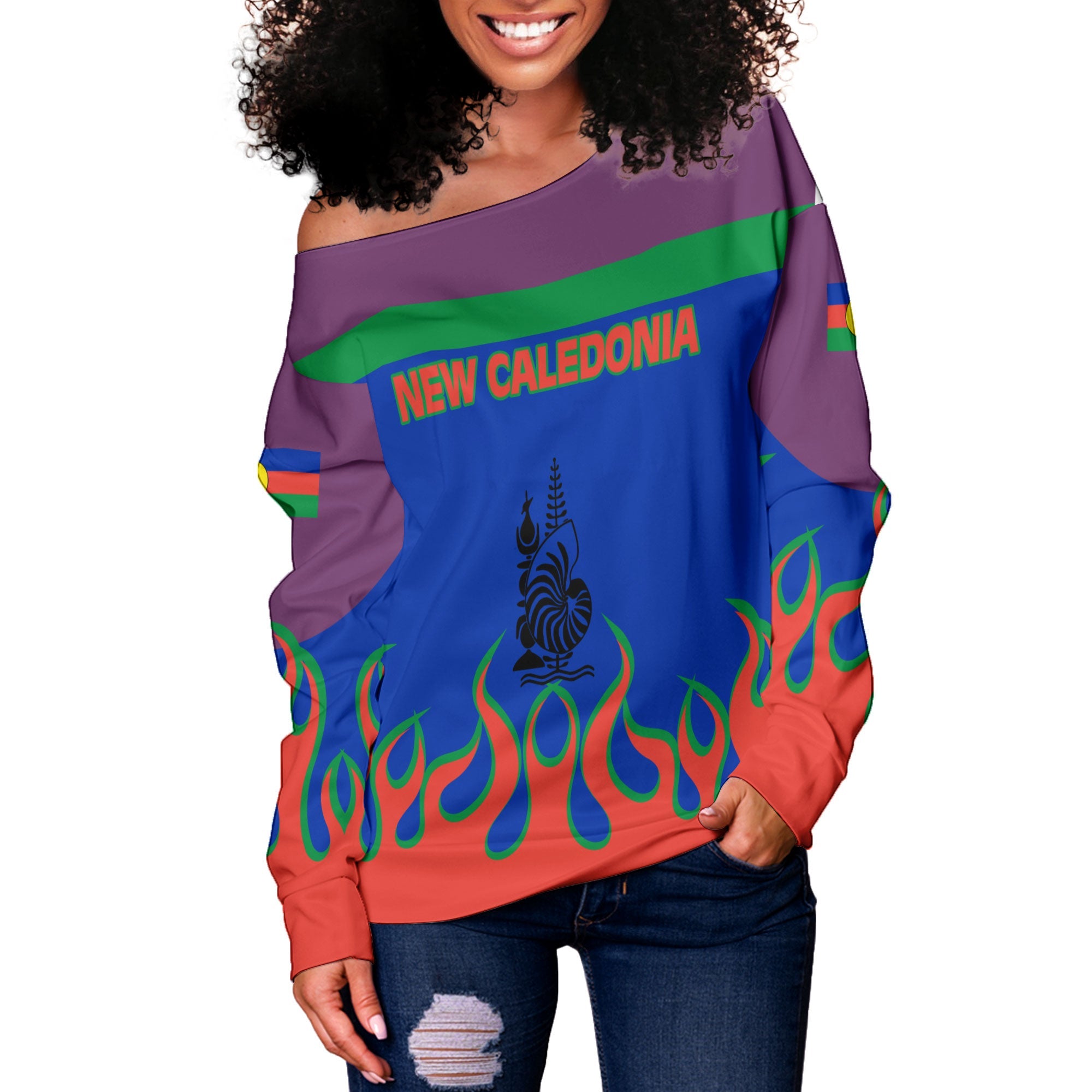 New Caledonia Women Off Shoulder Sweatshirt Flag & Coat Of Arms Fire Hockey Style