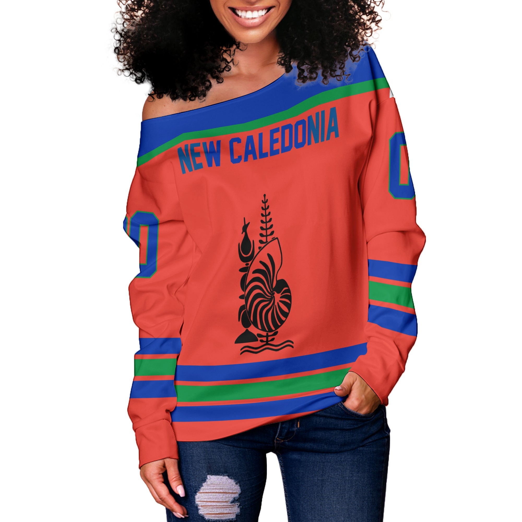 New Caledonia Women Off Shoulder Sweatshirt Flag & Coat Of Arms Hockey Style