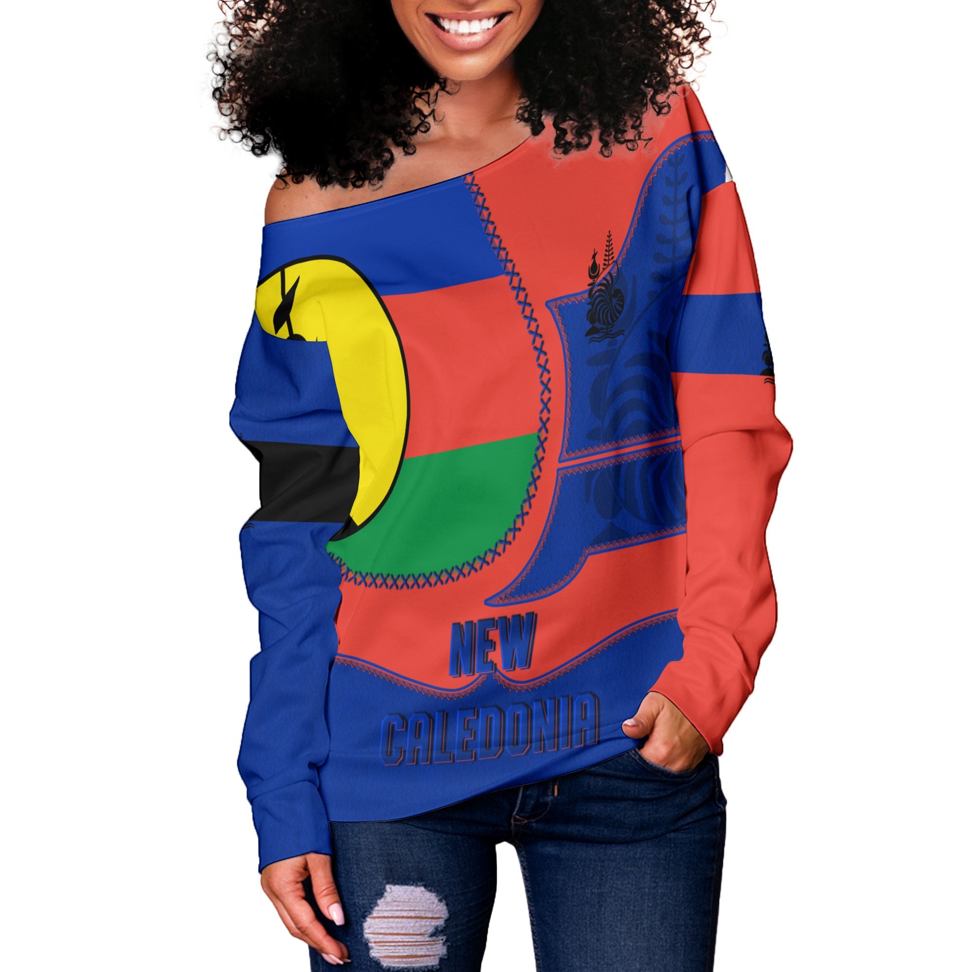 New Caledonia Women Off Shoulder Sweatshirt Flag & Coat Of Arms Leather Style