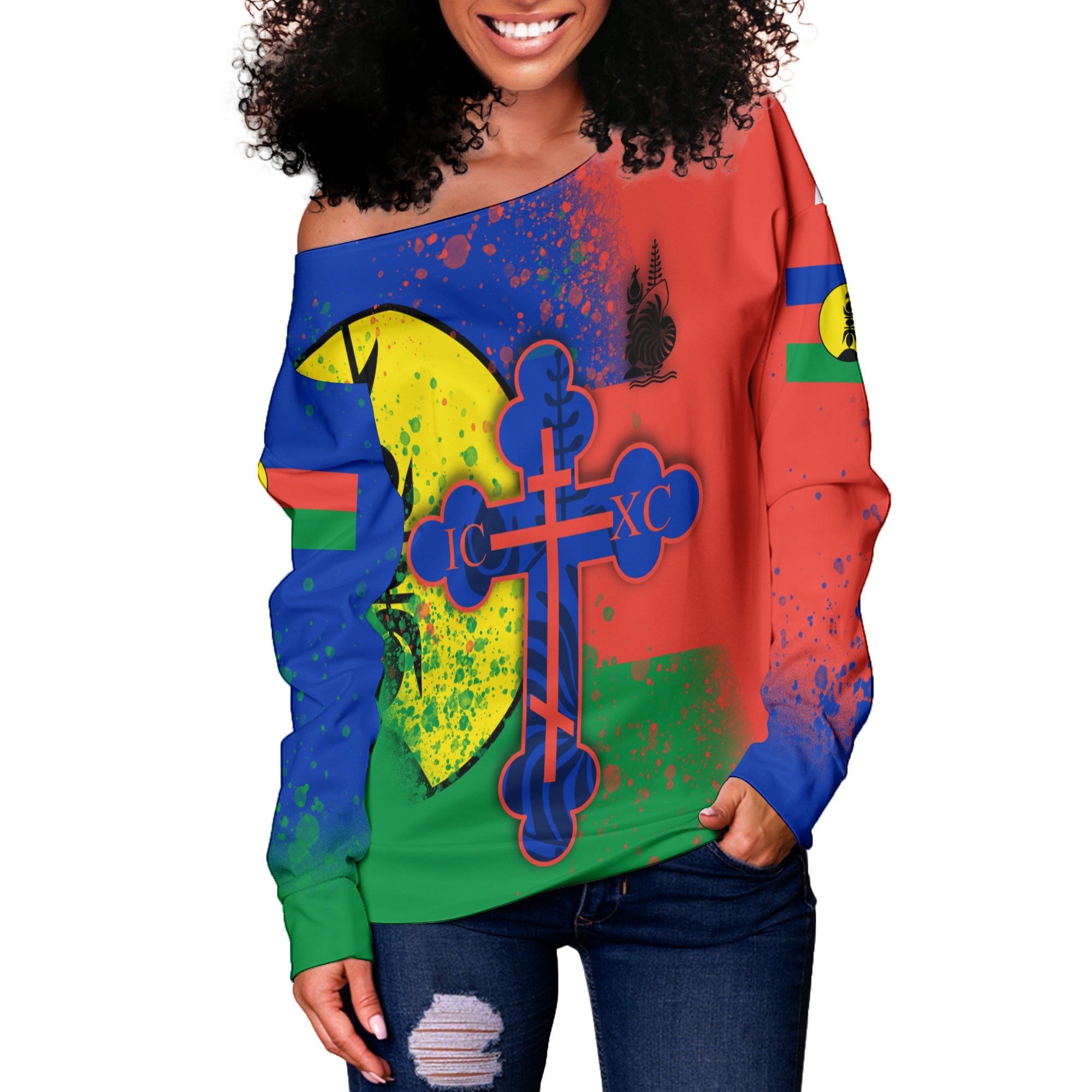 New Caledonia Women Off Shoulder Sweatshirt Flag & Coat Of Arms Orthodox Style