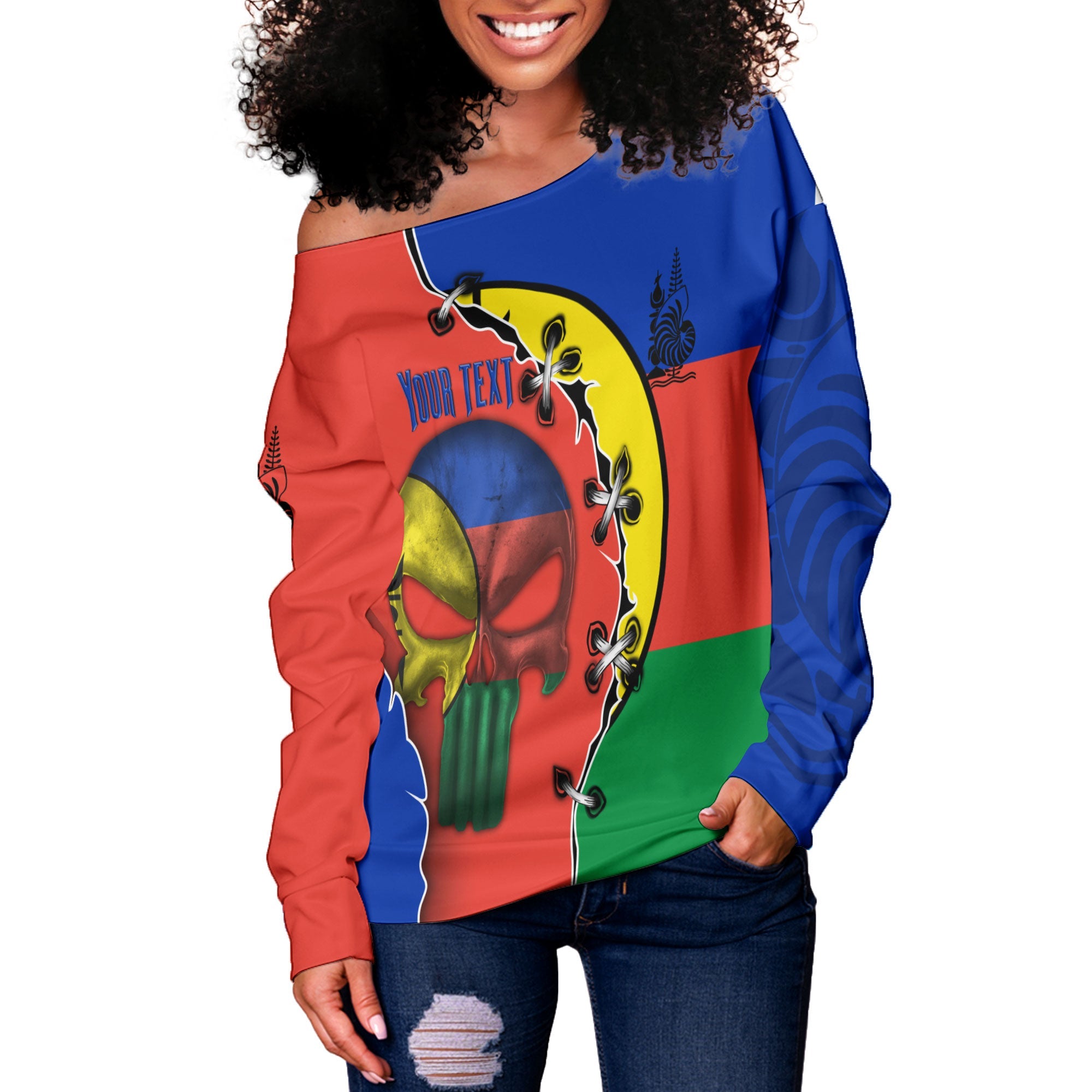 New Caledonia Women Off Shoulder Sweatshirt Flag & Coat Of Arms Skull Style