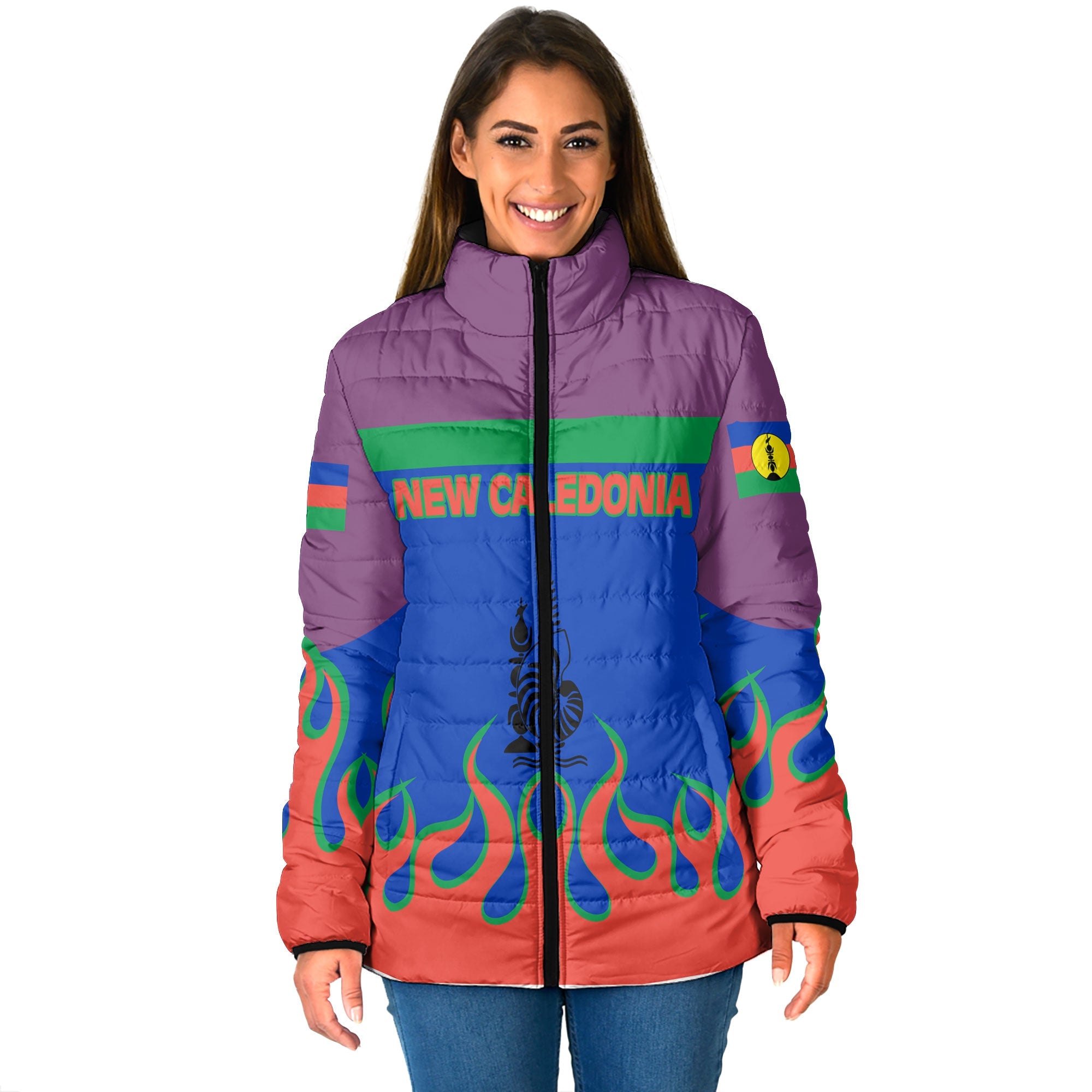 New Caledonia Women Padded Jacket Flag & Coat Of Arms Fire Hockey Style