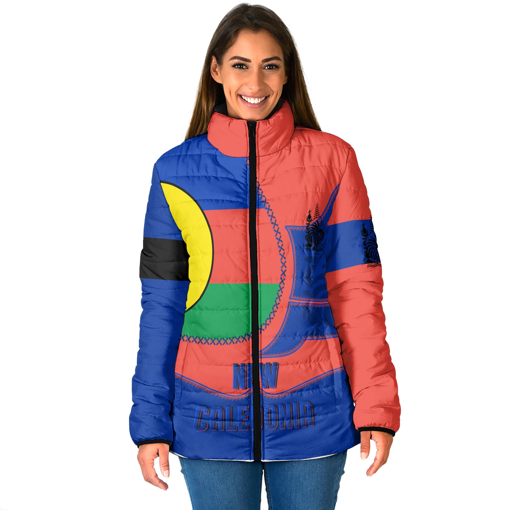 New Caledonia Women Padded Jacket Flag & Coat Of Arms Leather Style