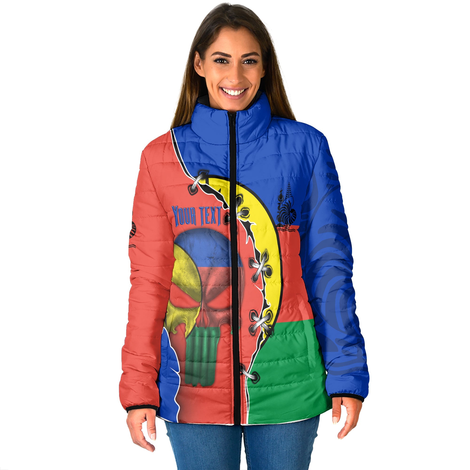 New Caledonia Women Padded Jacket Flag & Coat Of Arms Skull Style