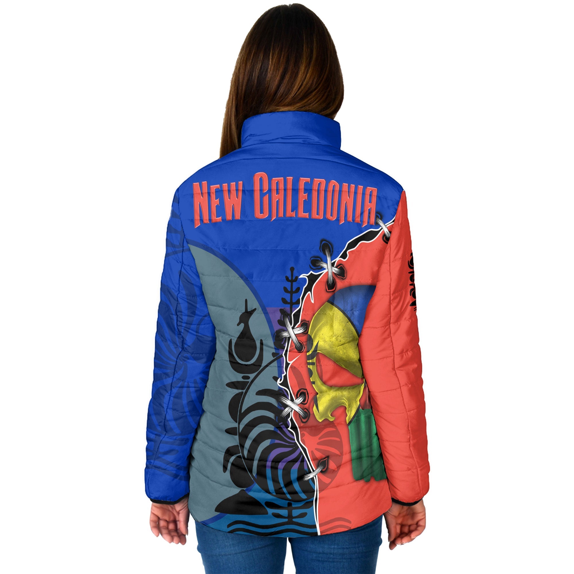 New Caledonia Women Padded Jacket Flag & Coat Of Arms Skull Style