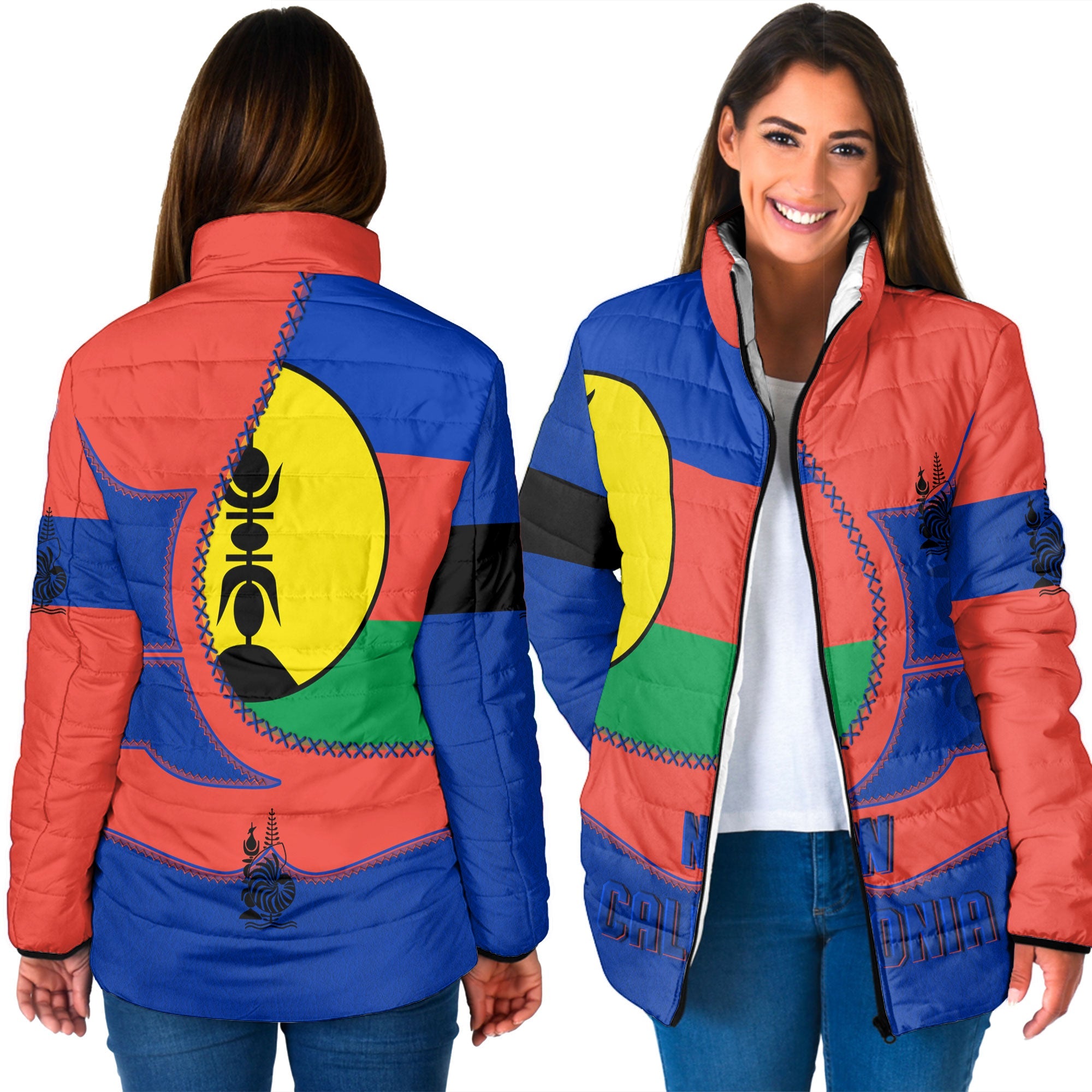 New Caledonia Women Padded Jacket Flag & Coat Of Arms Leather Style