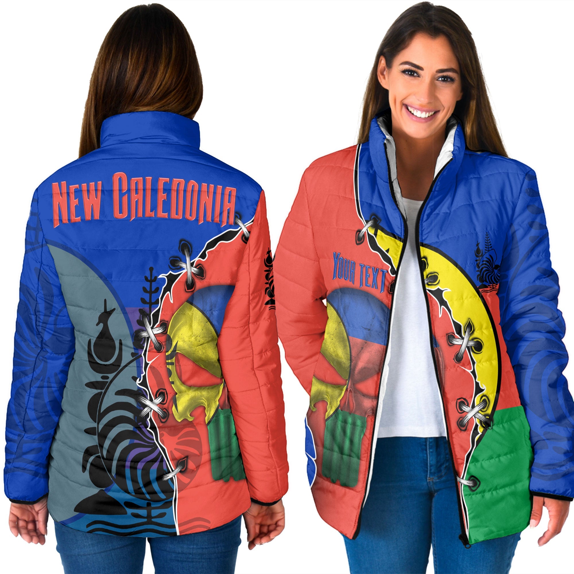 New Caledonia Women Padded Jacket Flag & Coat Of Arms Skull Style