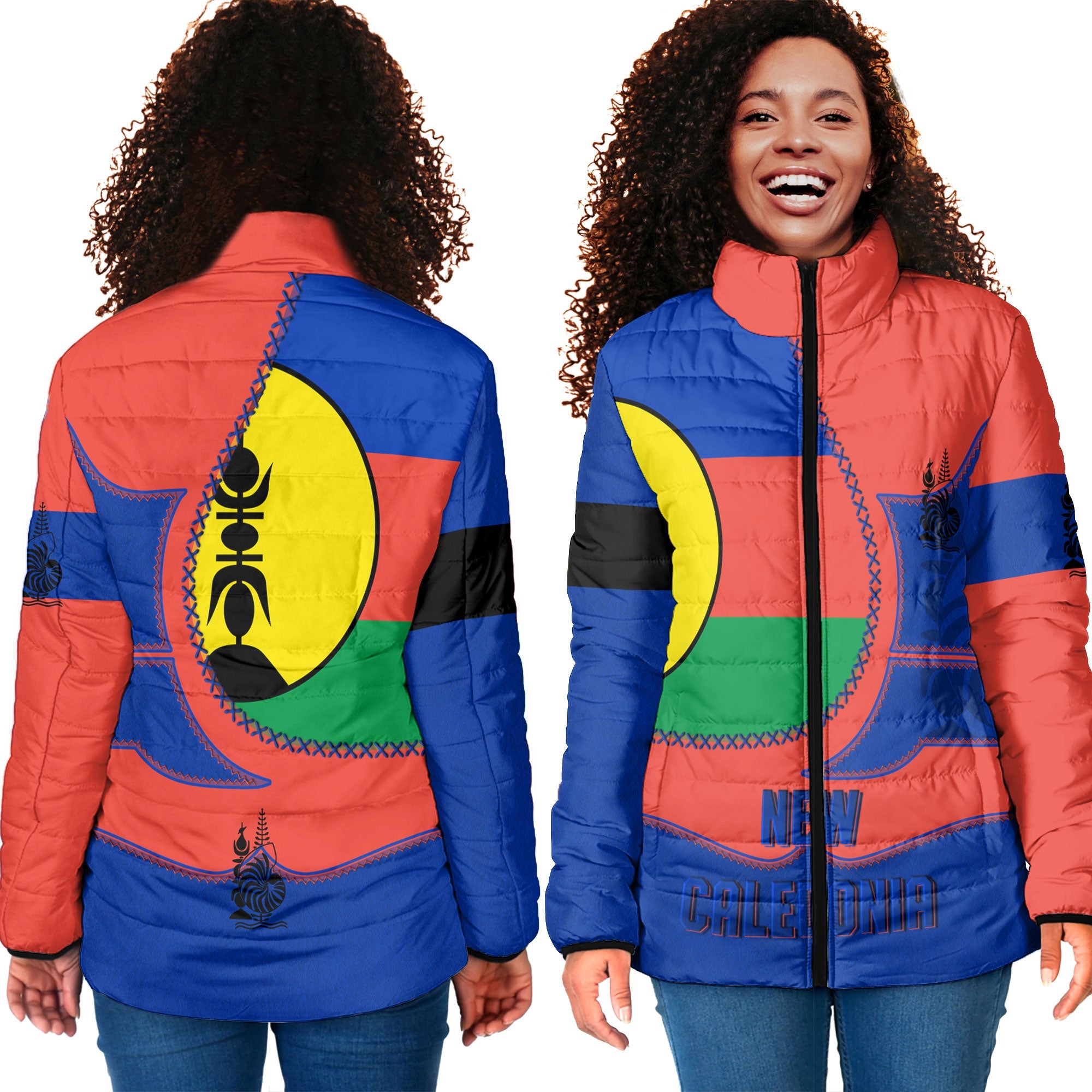 New Caledonia Women Padded Jacket Flag & Coat Of Arms Leather Style