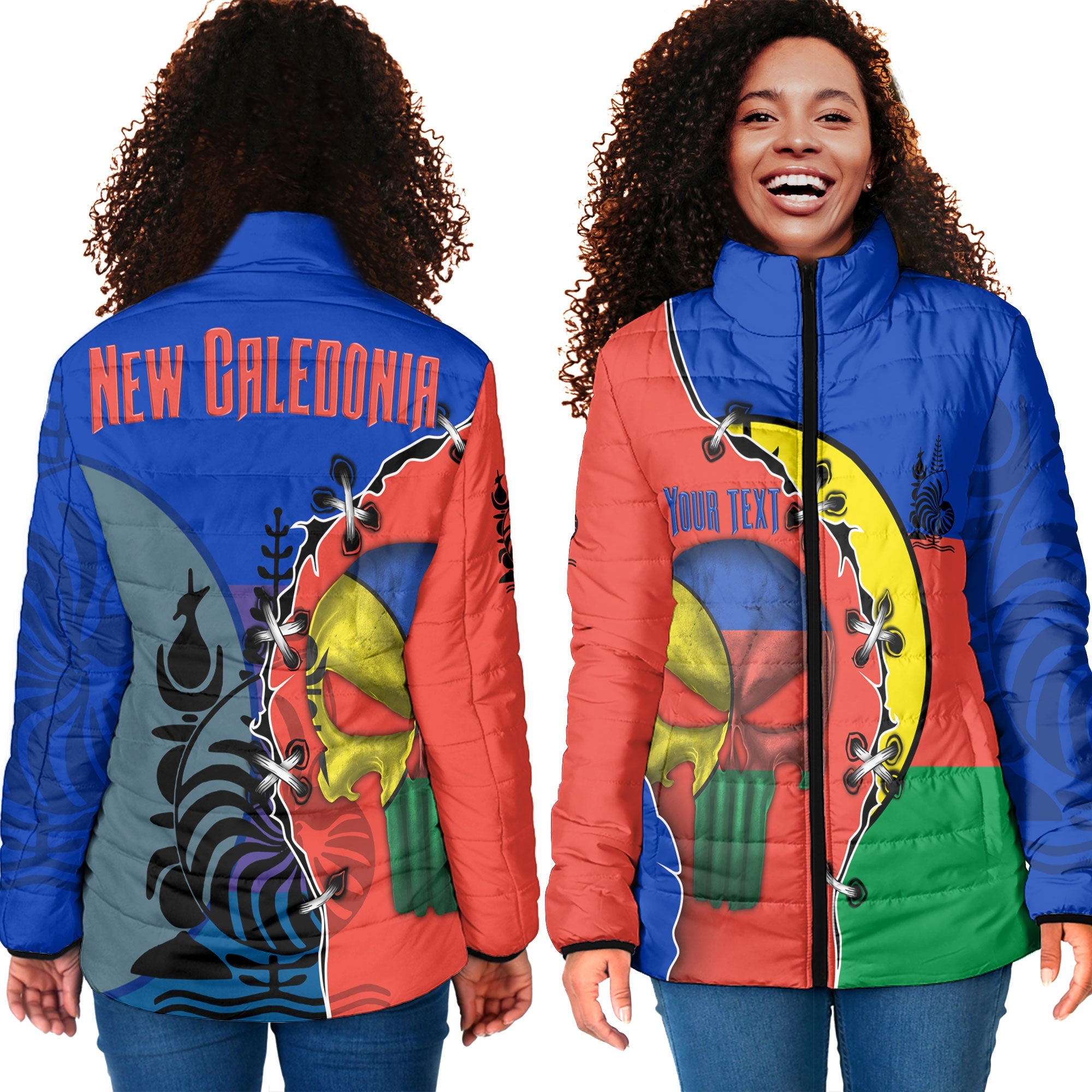 New Caledonia Women Padded Jacket Flag & Coat Of Arms Skull Style