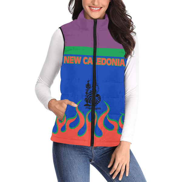 New Caledonia Women Padded Jacket Vest Flag & Coat Of Arms Fire Hockey Style