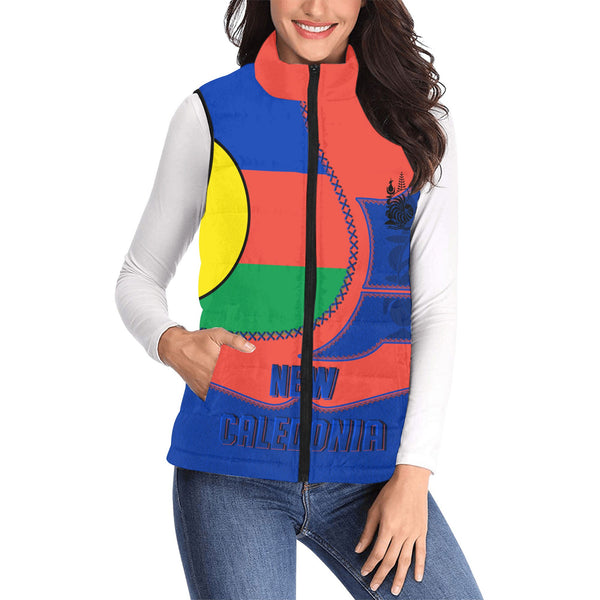 New Caledonia Women Padded Jacket Vest Flag & Coat Of Arms Leather Style