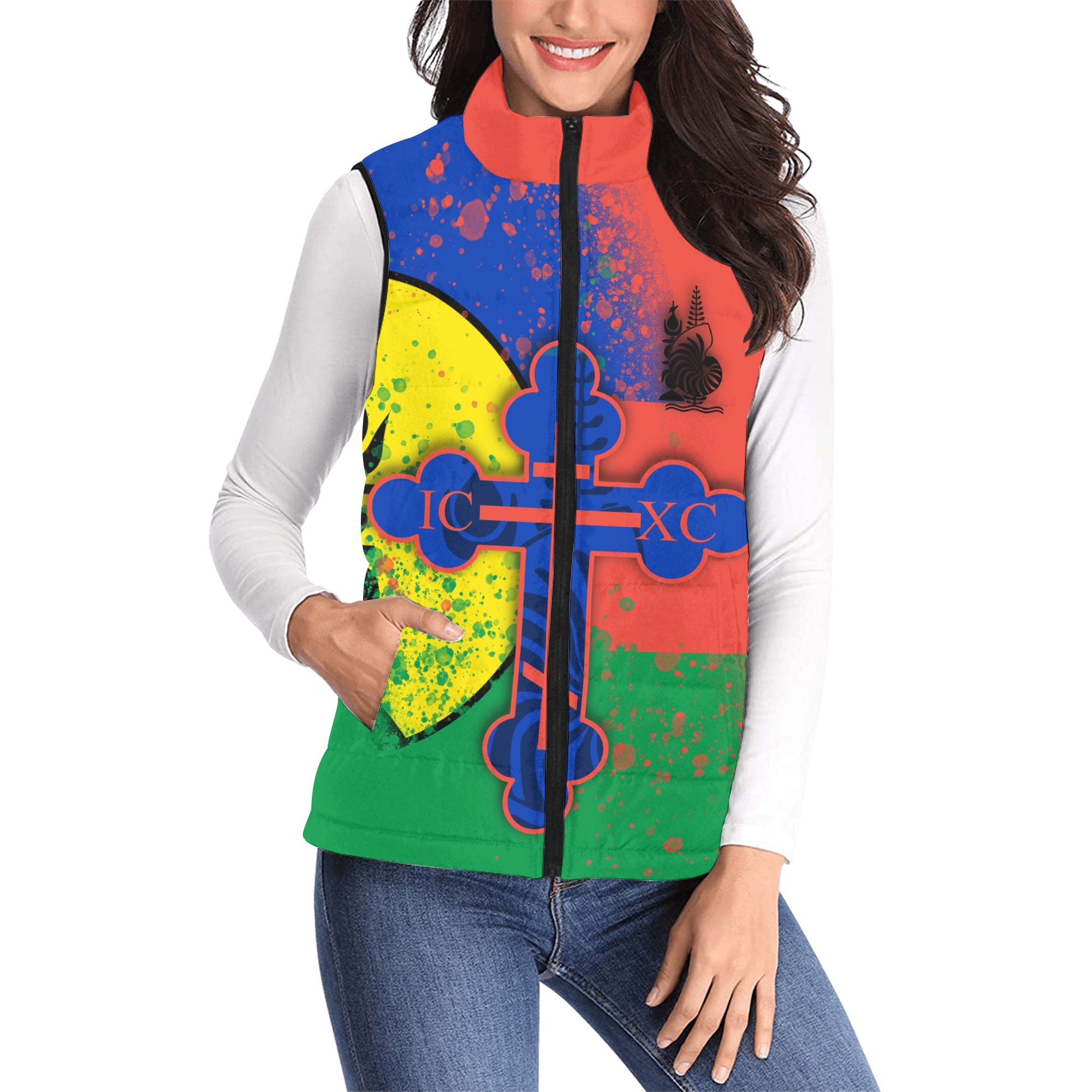 New Caledonia Women Padded Jacket Vest Flag & Coat Of Arms Orthodox Style