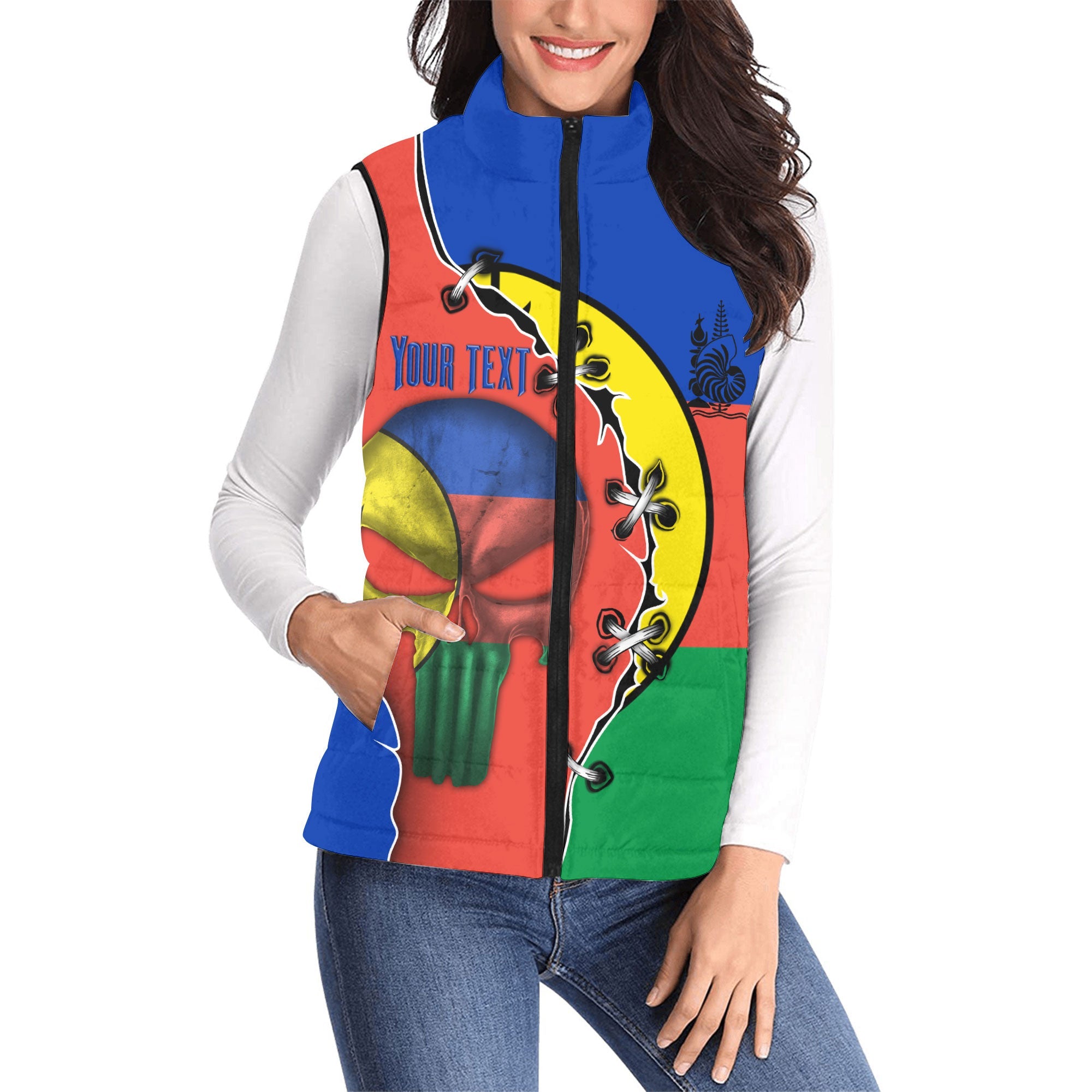 New Caledonia Women Padded Jacket Vest Flag & Coat Of Arms Skull Style