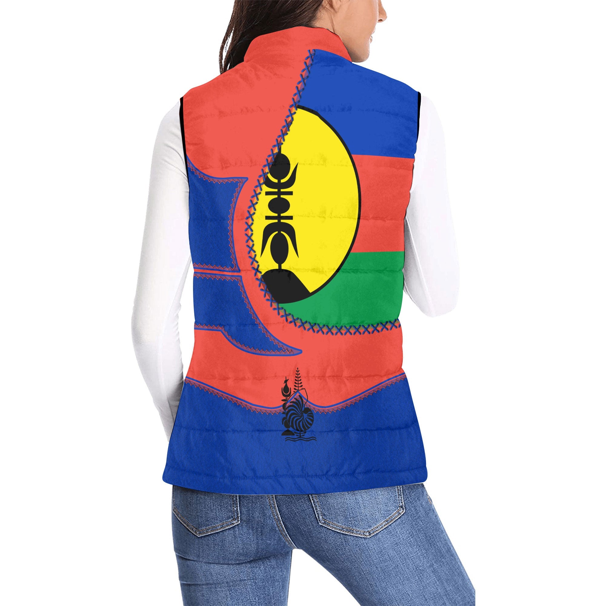 New Caledonia Women Padded Jacket Vest Flag & Coat Of Arms Leather Style