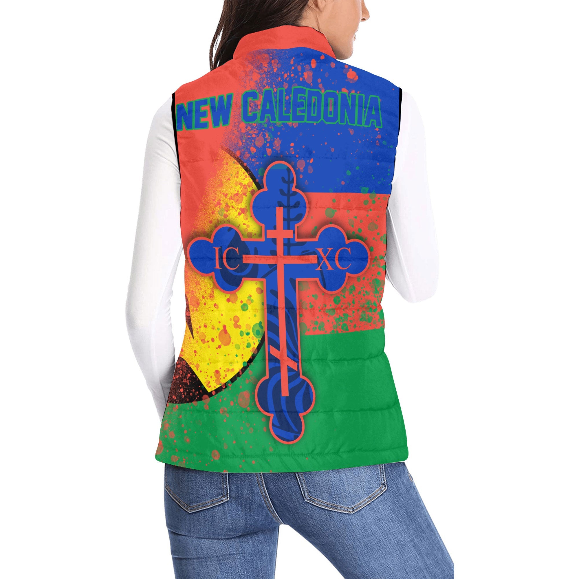 New Caledonia Women Padded Jacket Vest Flag & Coat Of Arms Orthodox Style