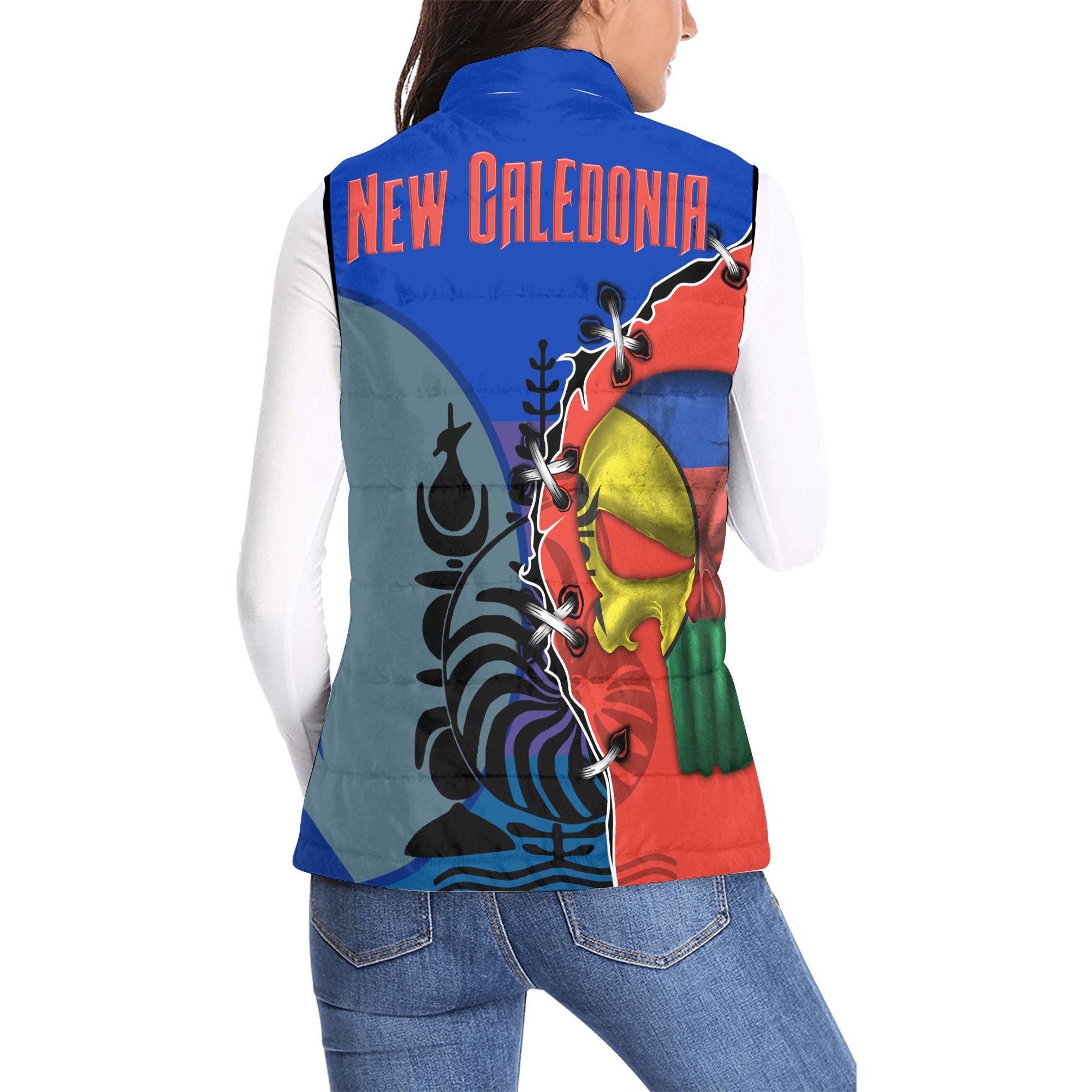 New Caledonia Women Padded Jacket Vest Flag & Coat Of Arms Skull Style