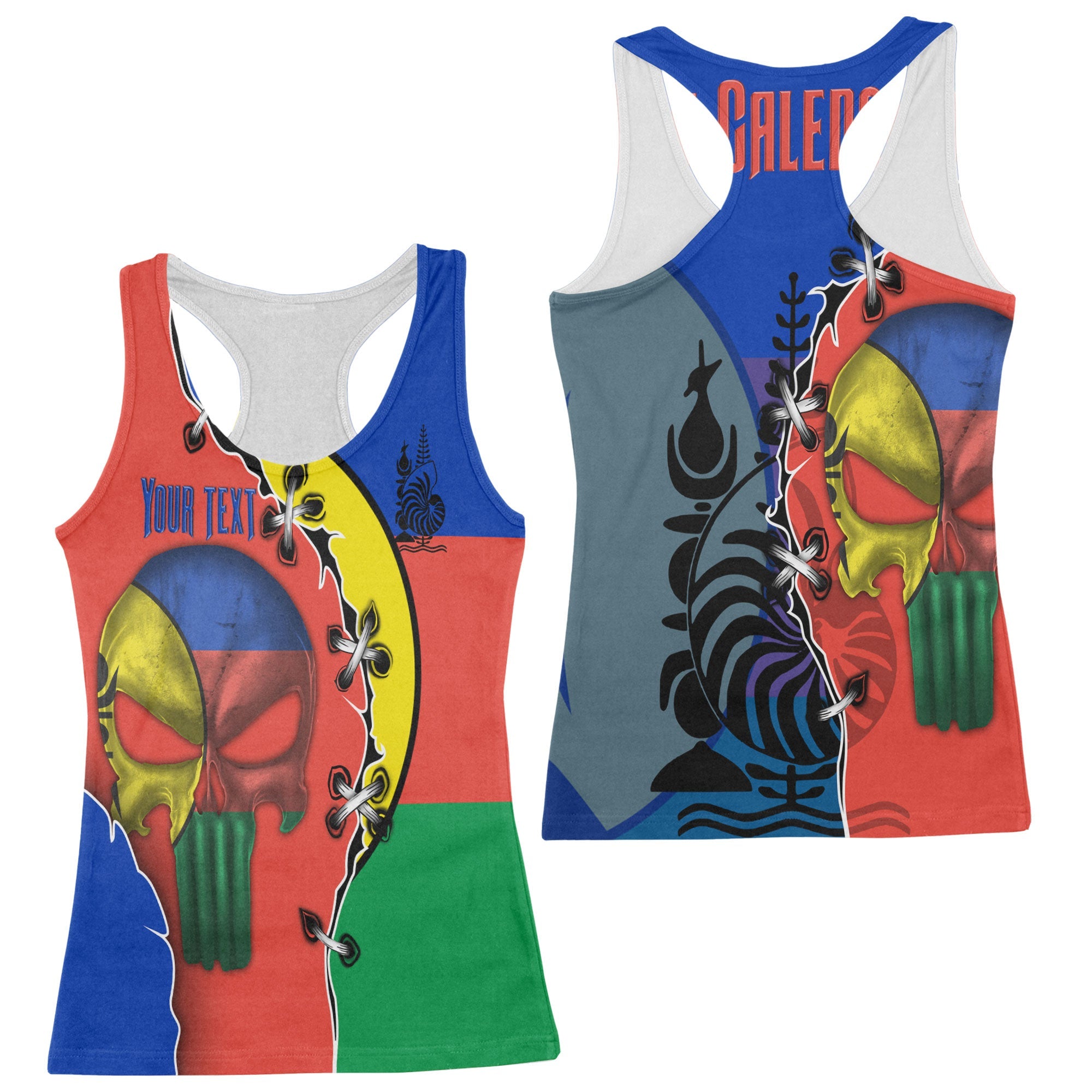 New Caledonia Women Tank Top Flag & Coat Of Arms Skull Style