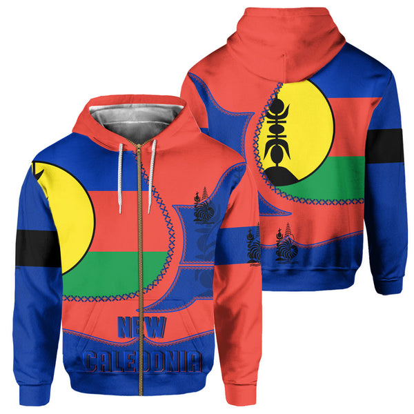 New Caledonia Zip Hoodie Flag & Coat Of Arms Leather Style