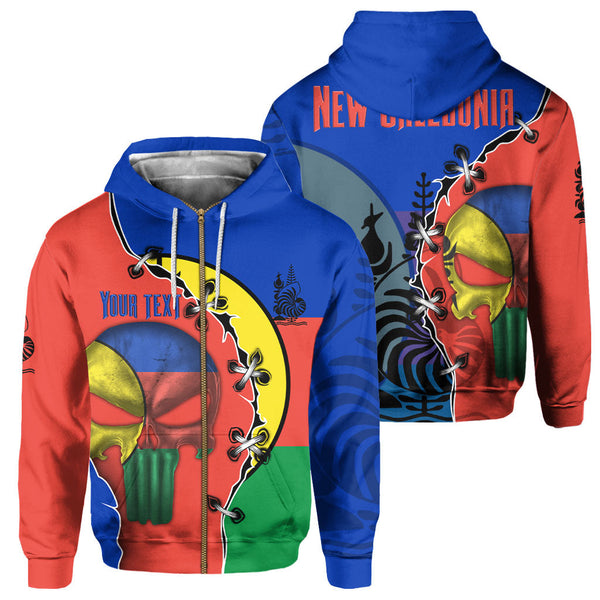 New Caledonia Zip Hoodie Flag & Coat Of Arms Skull Style