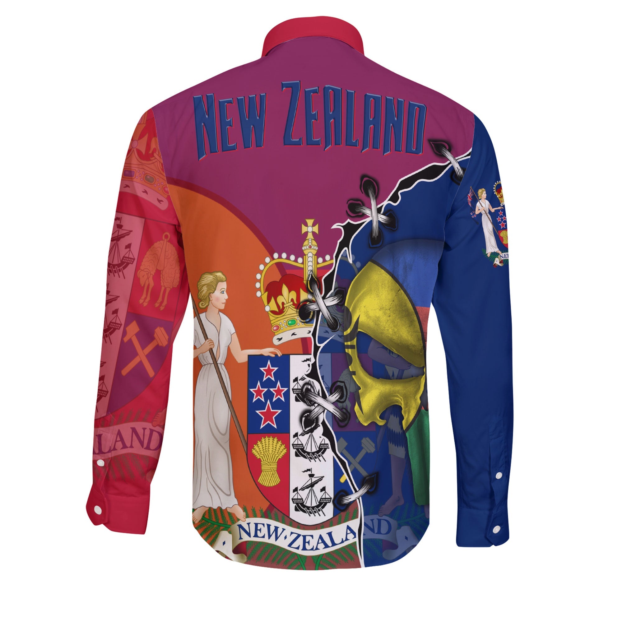 New Zealand Long Sleeve Button Shirt Flag & Coat Of Arms Skull Style