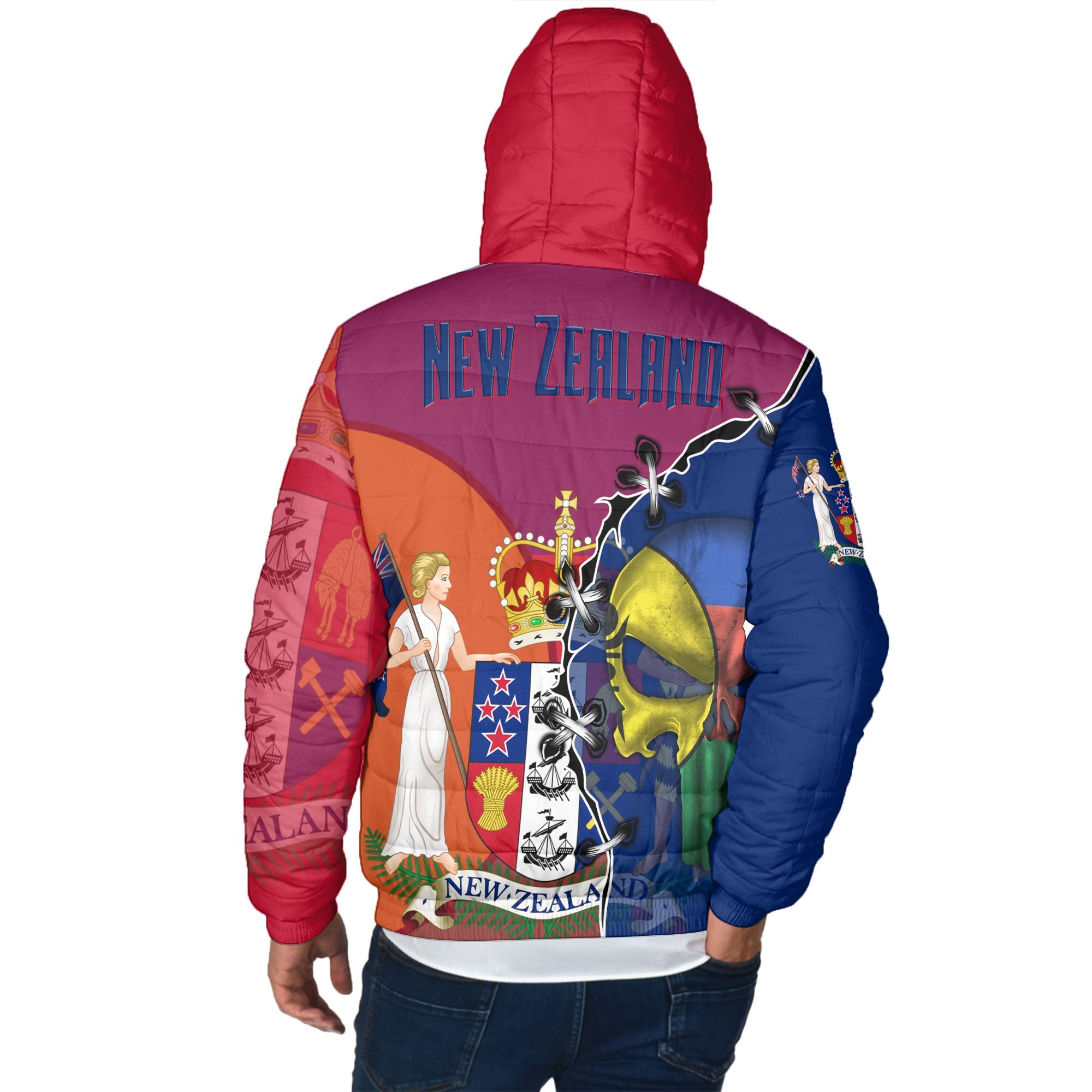 New Zealand Men Hooded Padded Jacket Flag & Coat Of Arms Skull Style