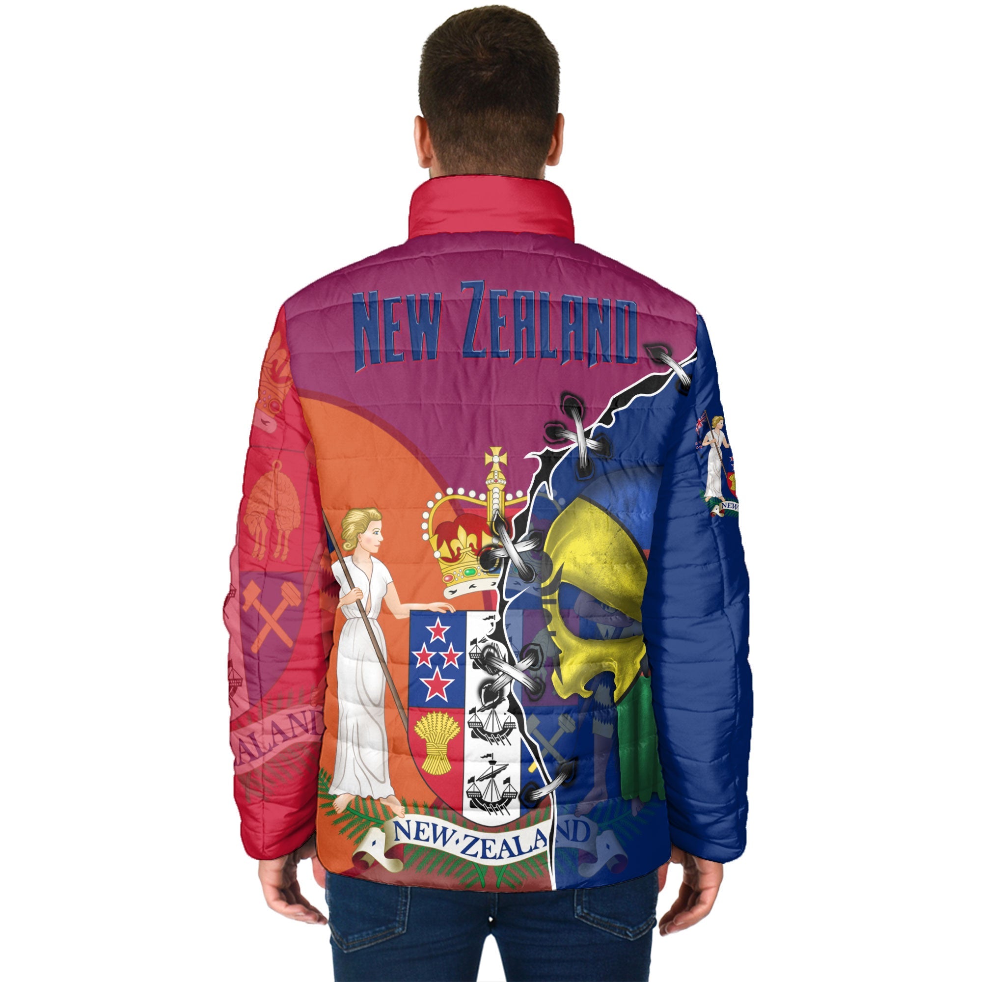 New Zealand Men Padded Jacket Flag & Coat Of Arms Skull Style