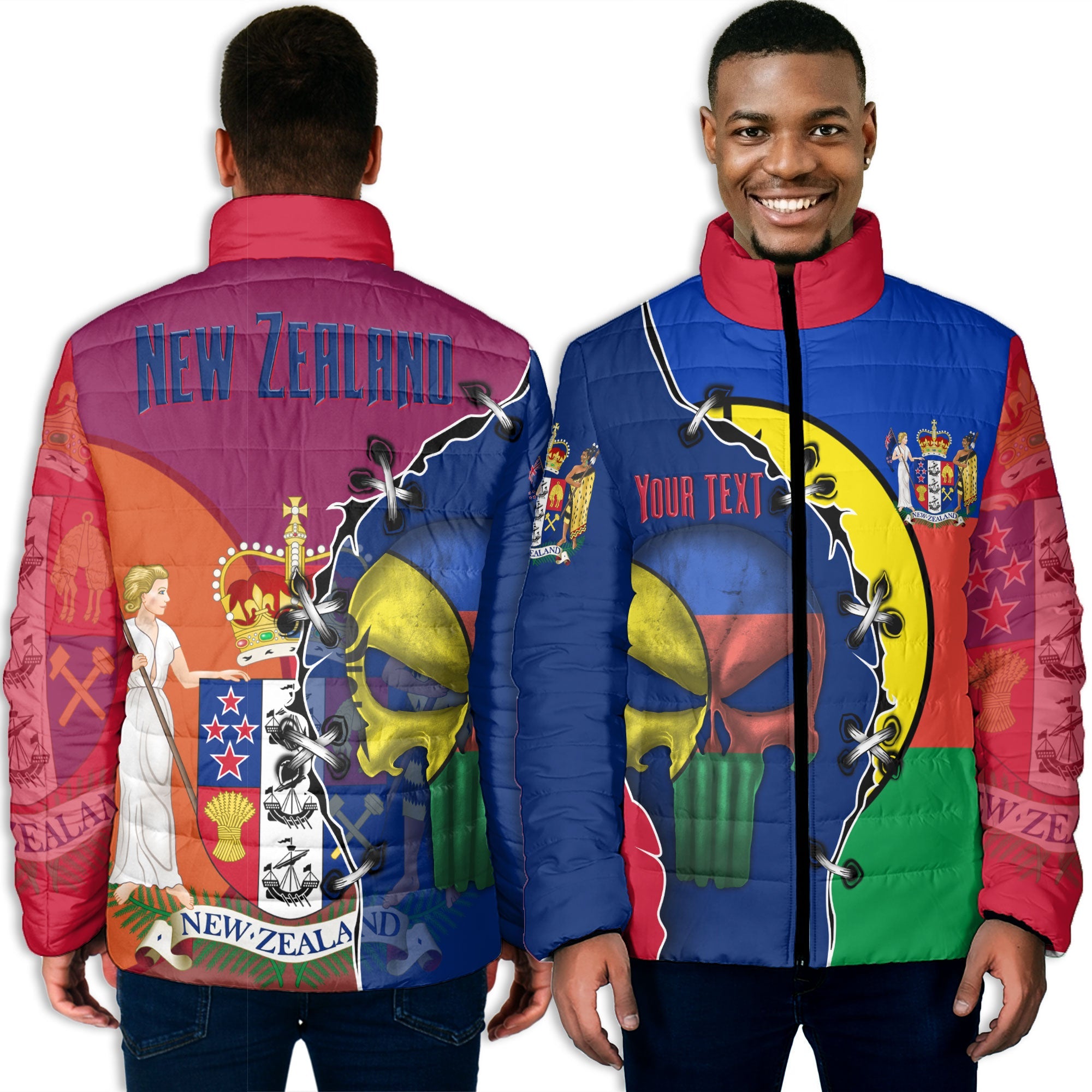 New Zealand Men Padded Jacket Flag & Coat Of Arms Skull Style