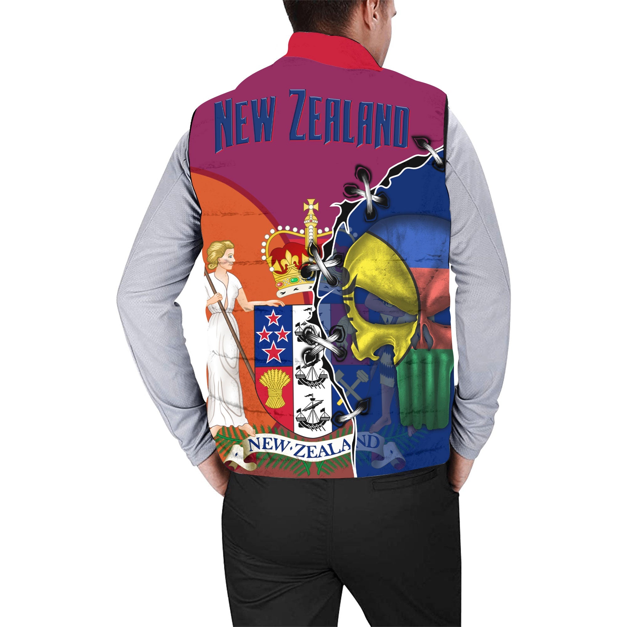 New Zealand Men Padded Jacket Vest Flag & Coat Of Arms Skull Style