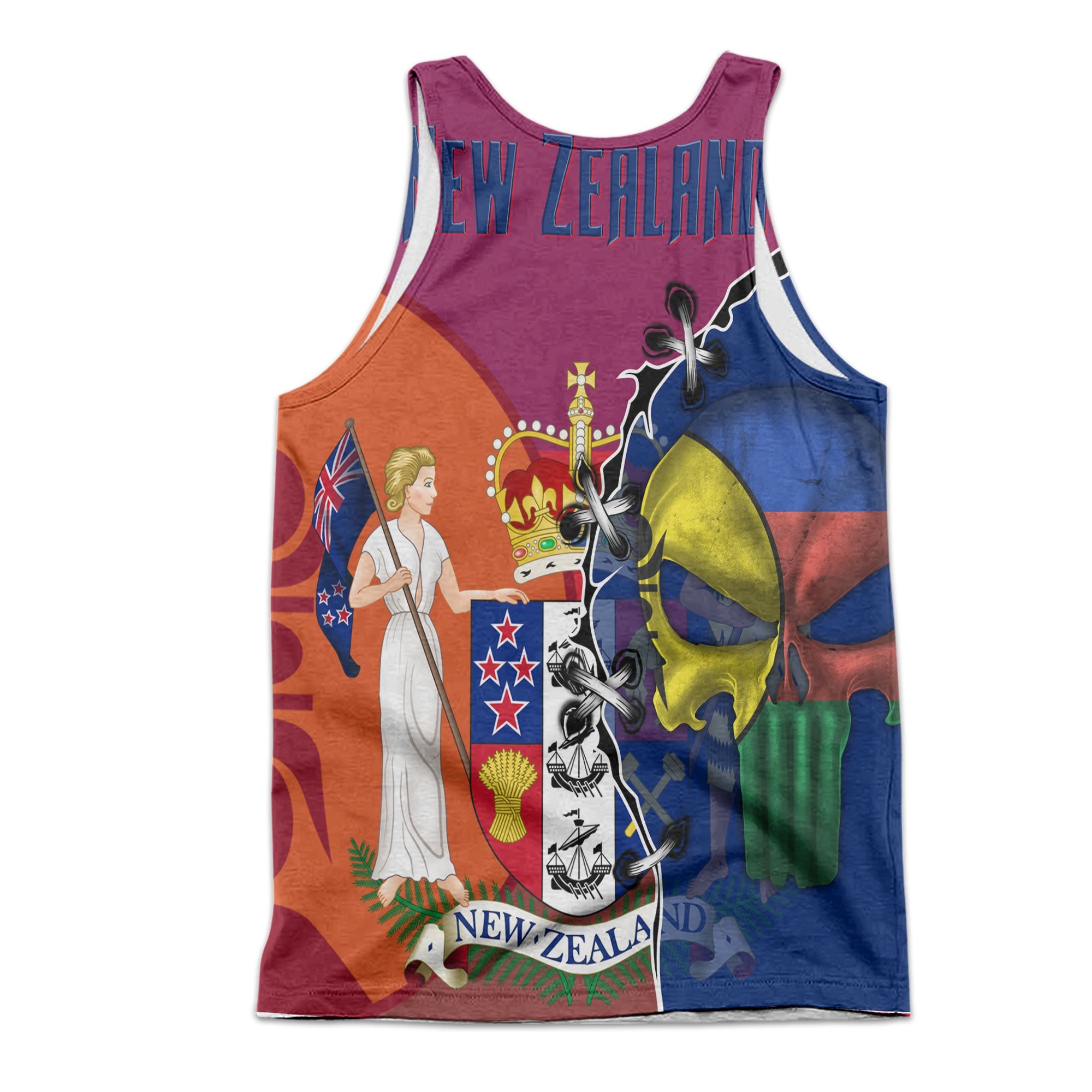 New Zealand Men Tank Top Flag & Coat Of Arms Skull Style