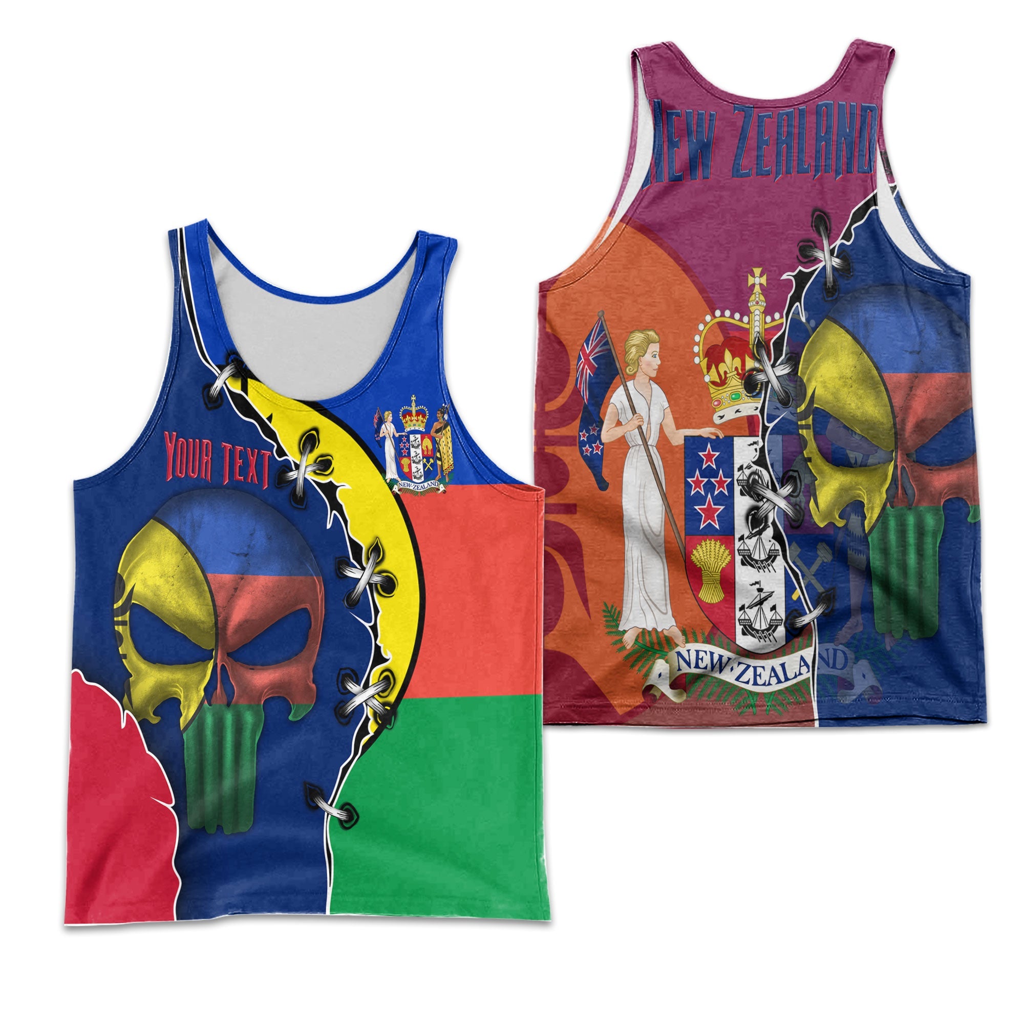 New Zealand Men Tank Top Flag & Coat Of Arms Skull Style