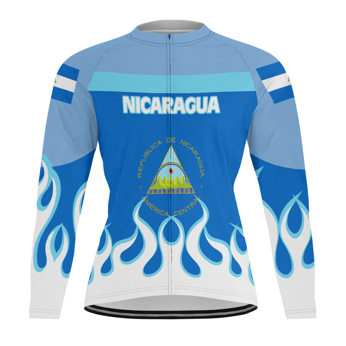 Nicaragua Men's Cycling Jersey Long Sleeve Flag & Coat Of Arms Fire Hockey Style